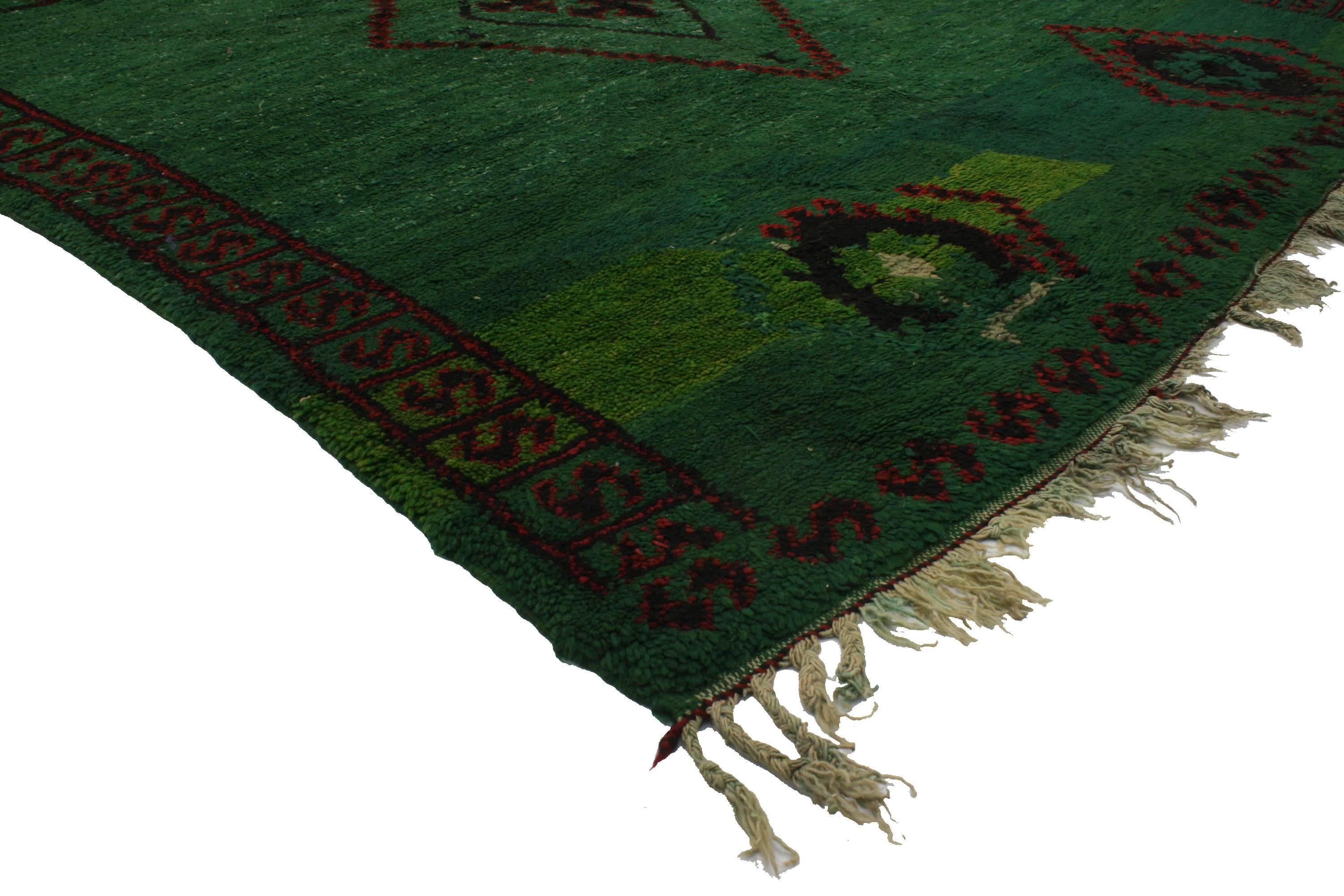 Mid-Century Modern Green Beni M'guild Moroccan Rug in Malachite Color with Tribal Style