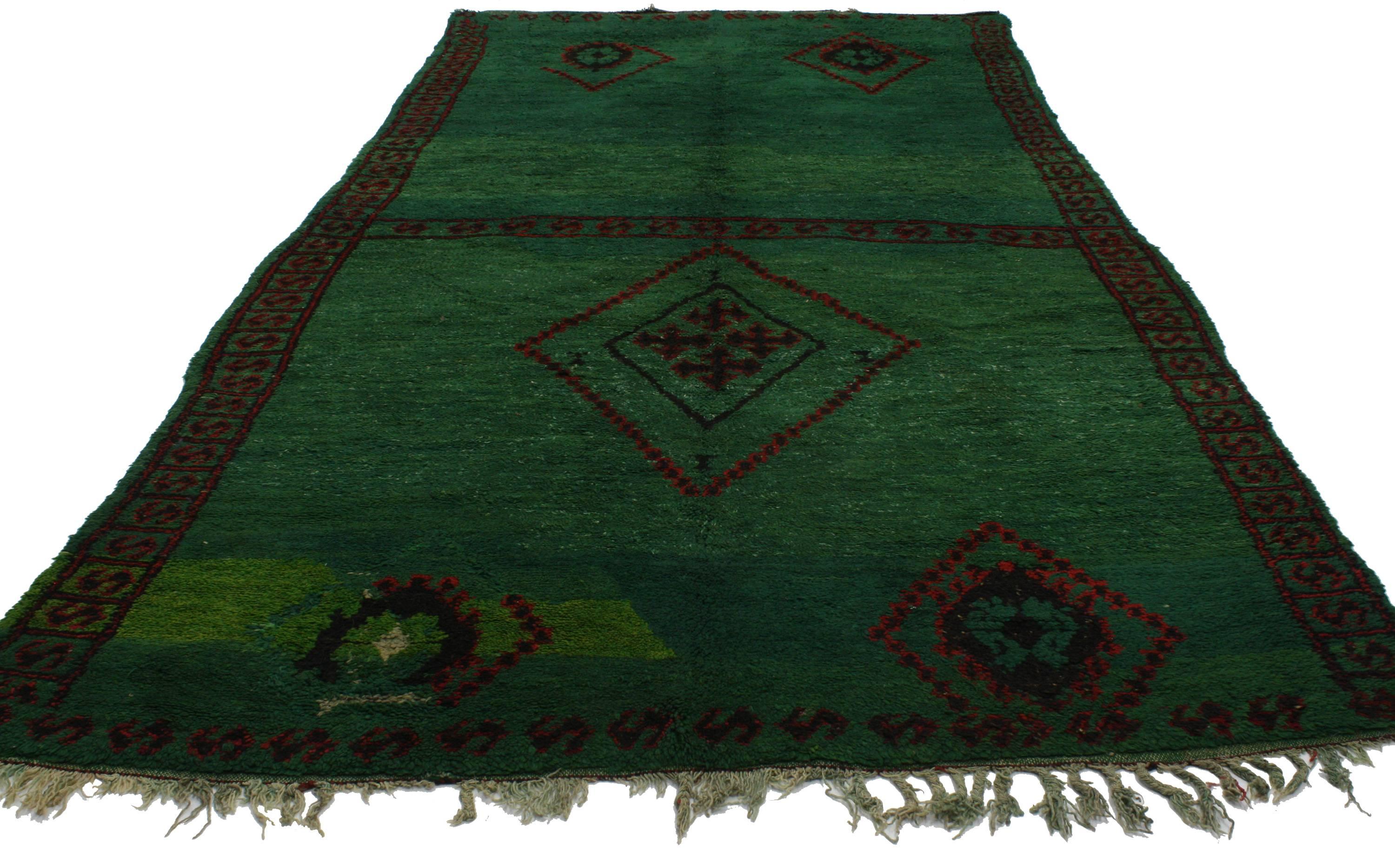 Hand-Knotted Green Beni M'guild Moroccan Rug in Malachite Color with Tribal Style