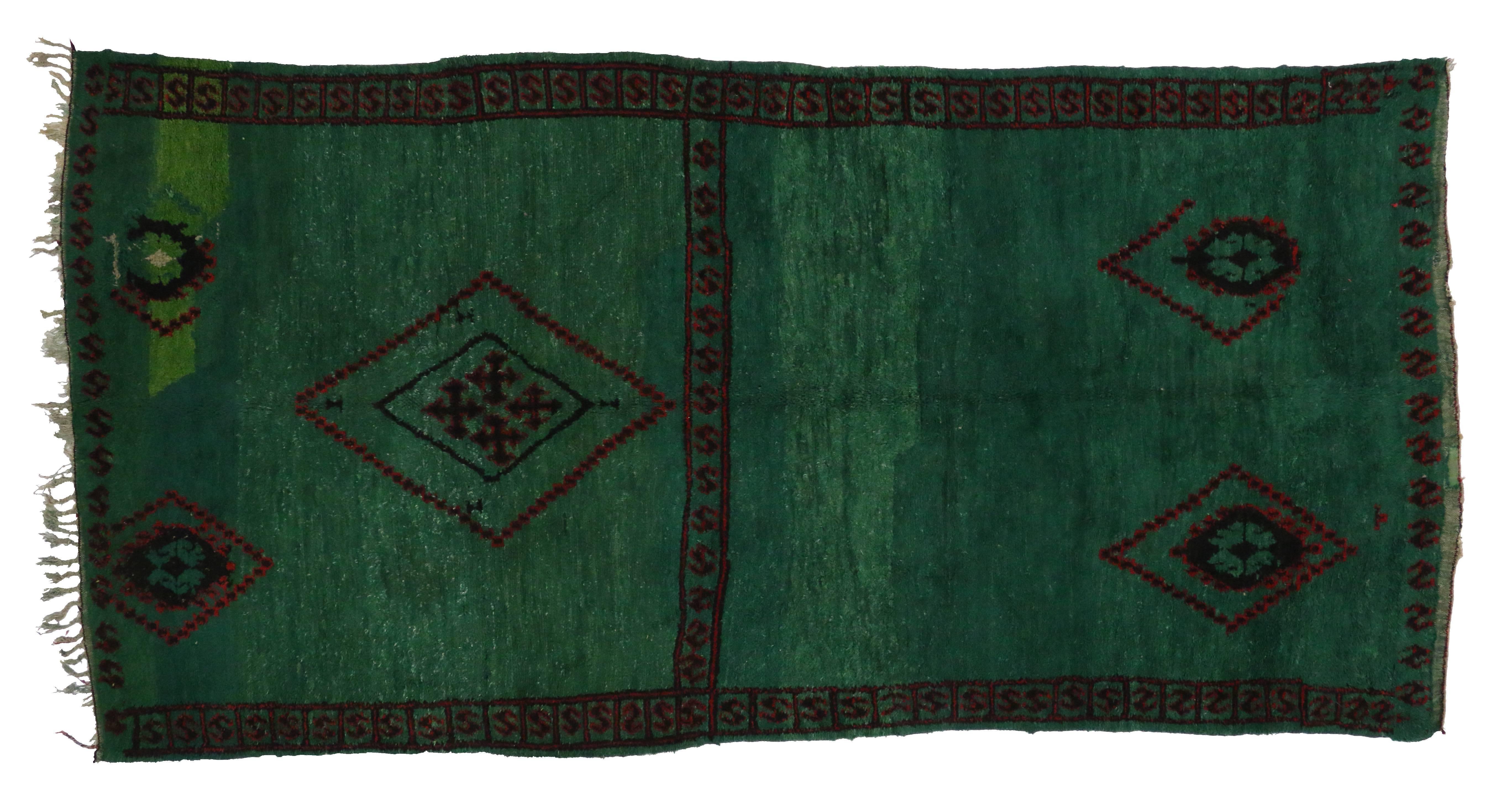 Green Beni M'guild Moroccan Rug in Malachite Color with Tribal Style In Excellent Condition In Dallas, TX