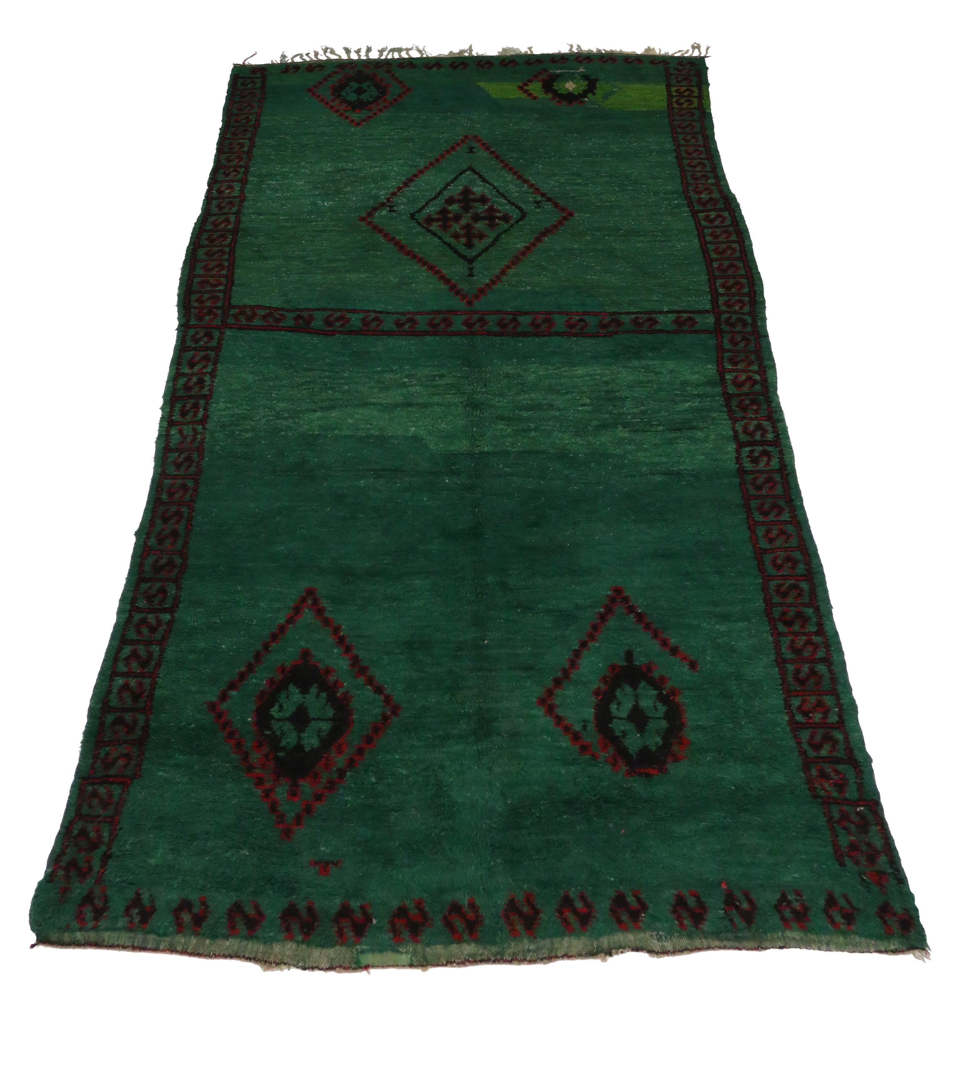 Wool Green Beni M'guild Moroccan Rug in Malachite Color with Tribal Style