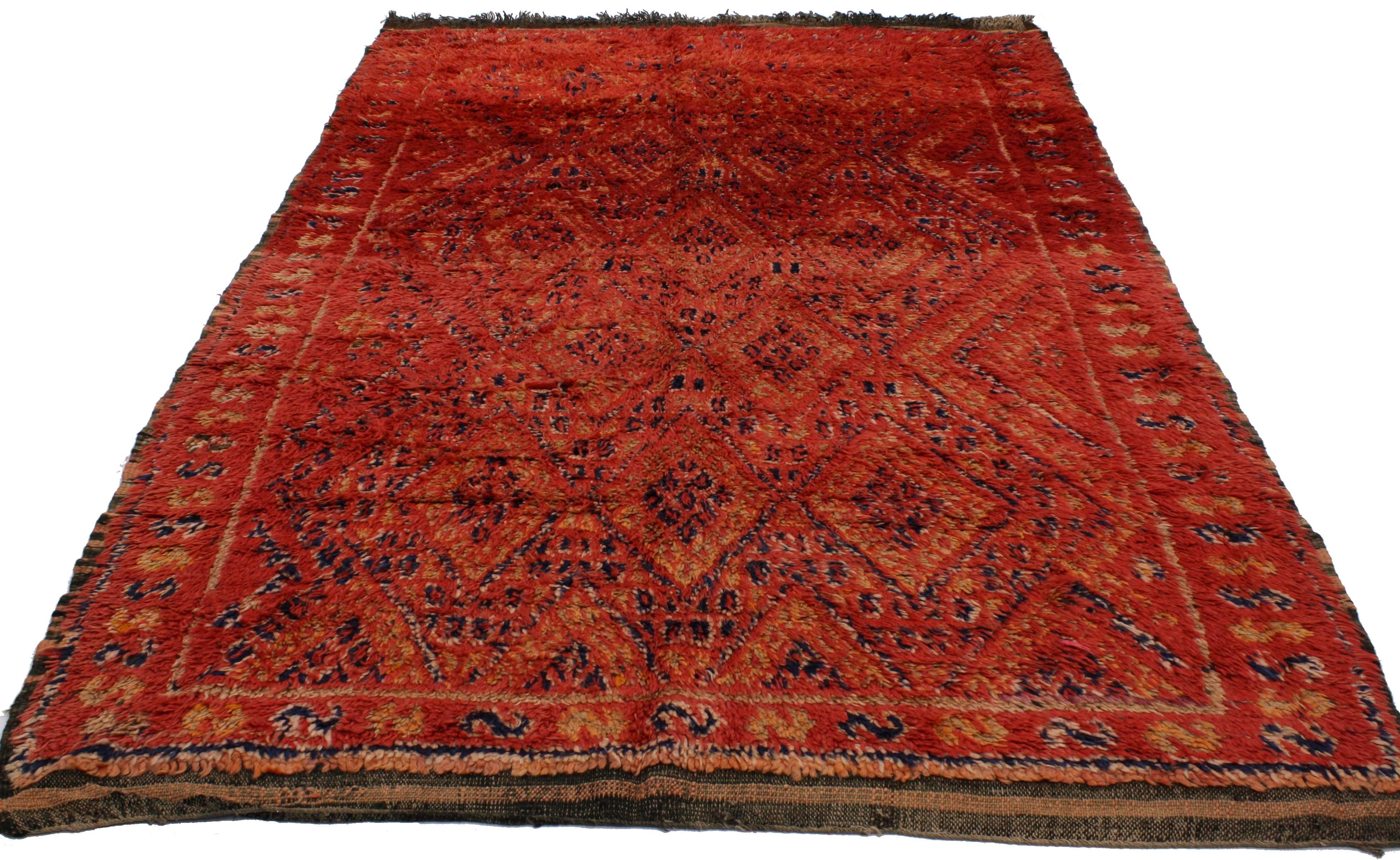 Hand-Knotted Berber Moroccan Rug with Tribal Design and Mid-Century Modern Style