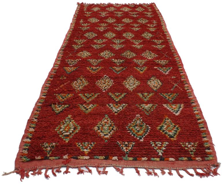 Berber Moroccan Carpet Runner with Tribal Design and MidCentury Modern