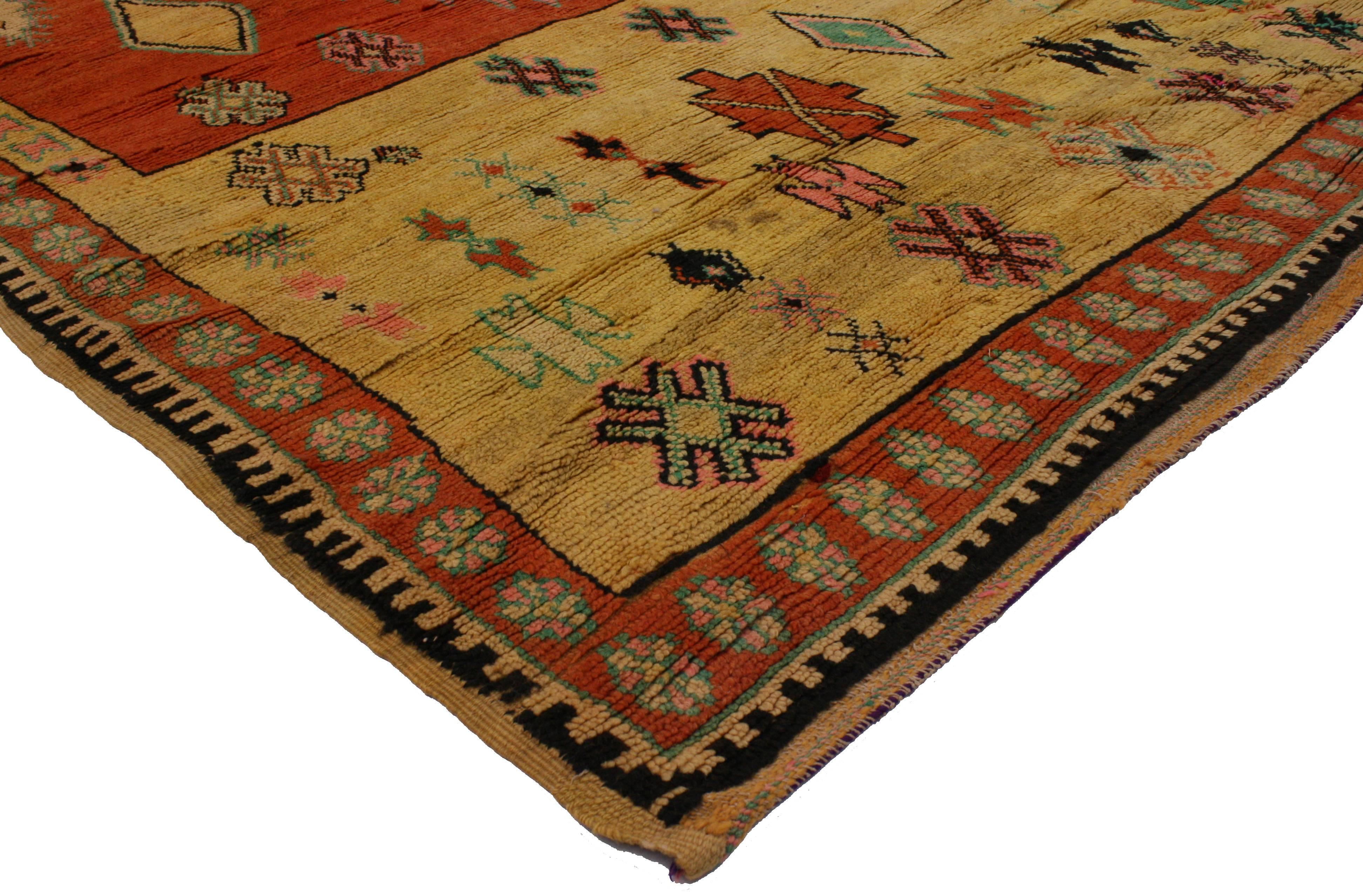 Woven by The Berber Tribes of Morocco, this modern rug showcases a phenomenal variety of ancient protection symbols. While the patterns may seem whimsical and random – they are very significant to the rug weaver’s life. The Berber women incorporate