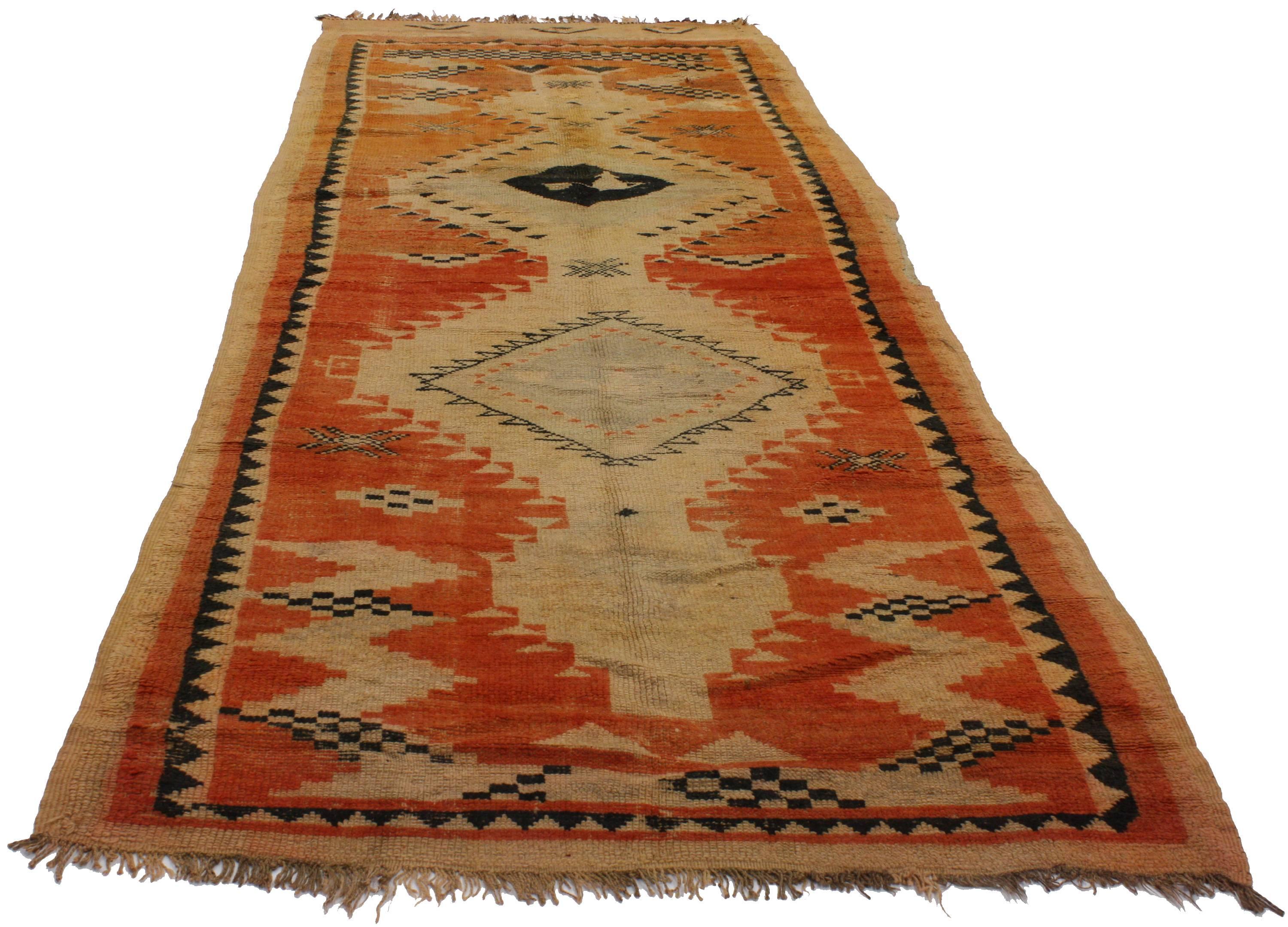 Hand-Knotted Mid-Century Modern Vintage Berber Moroccan Runner with Tribal Design