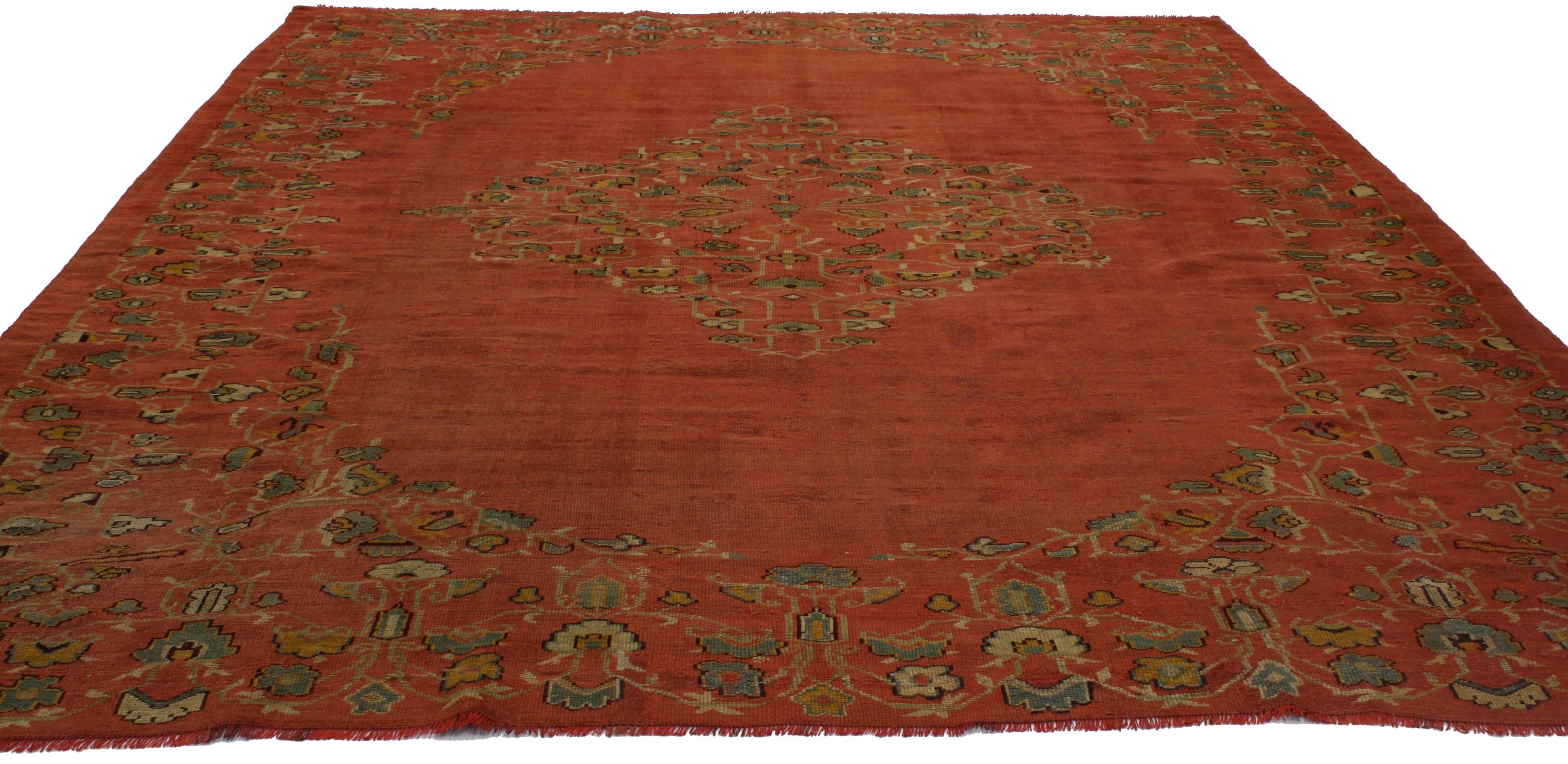 76655 Antique Turkish Oushak Area Rug with Traditional Style 09'02 x 11'02. Imbued with sunbaked earthy hues and rustic sensibility, this hand knotted wool antique Turkish Oushak rug will take on a curated lived-in look that feels timeless while
