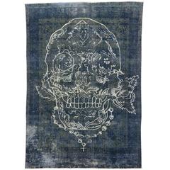 Vintage Persian Tabriz Rug, Overdyed Blue with Skull and Rose Design