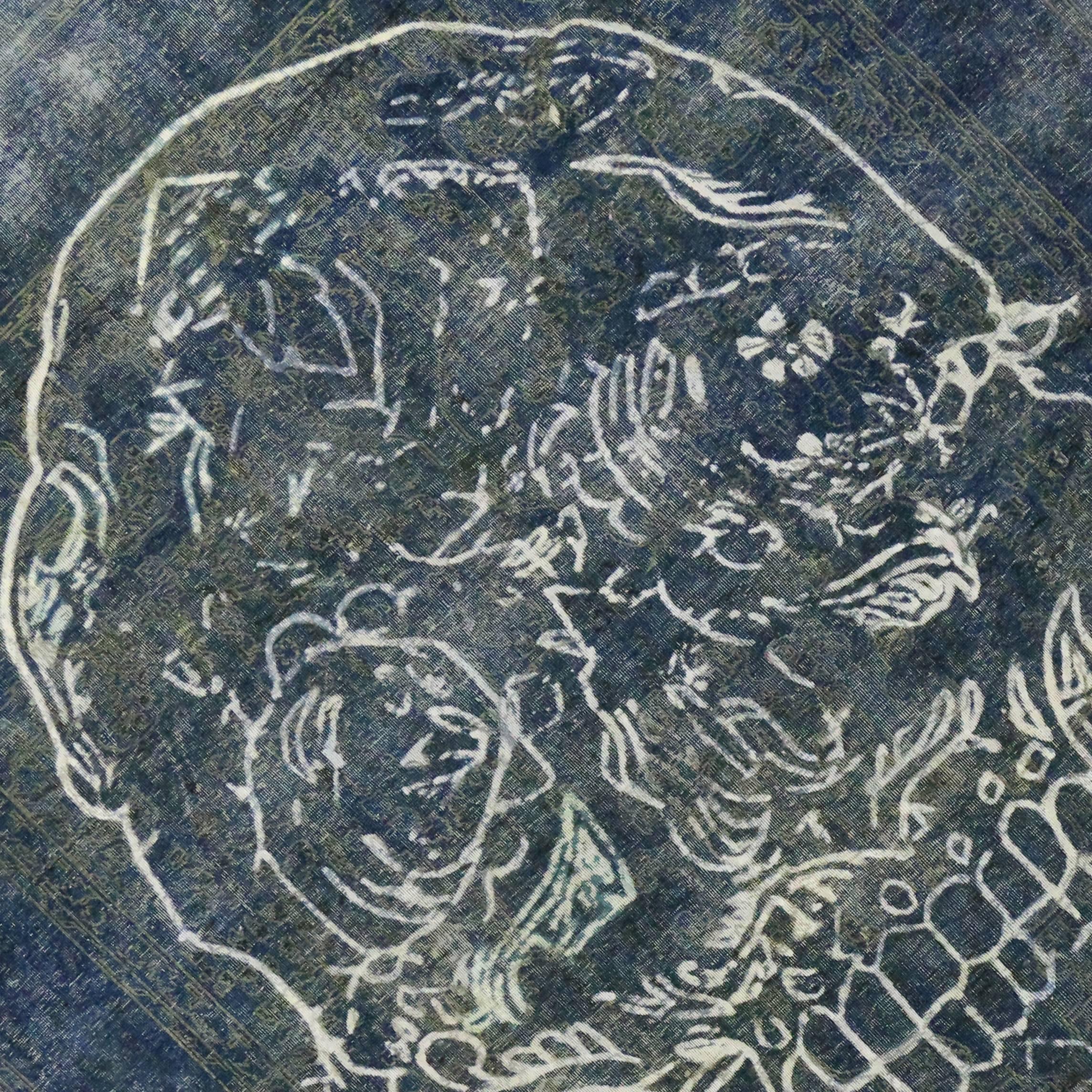Hand-Knotted Vintage Persian Tabriz Rug, Overdyed Blue with Skull and Rose Design