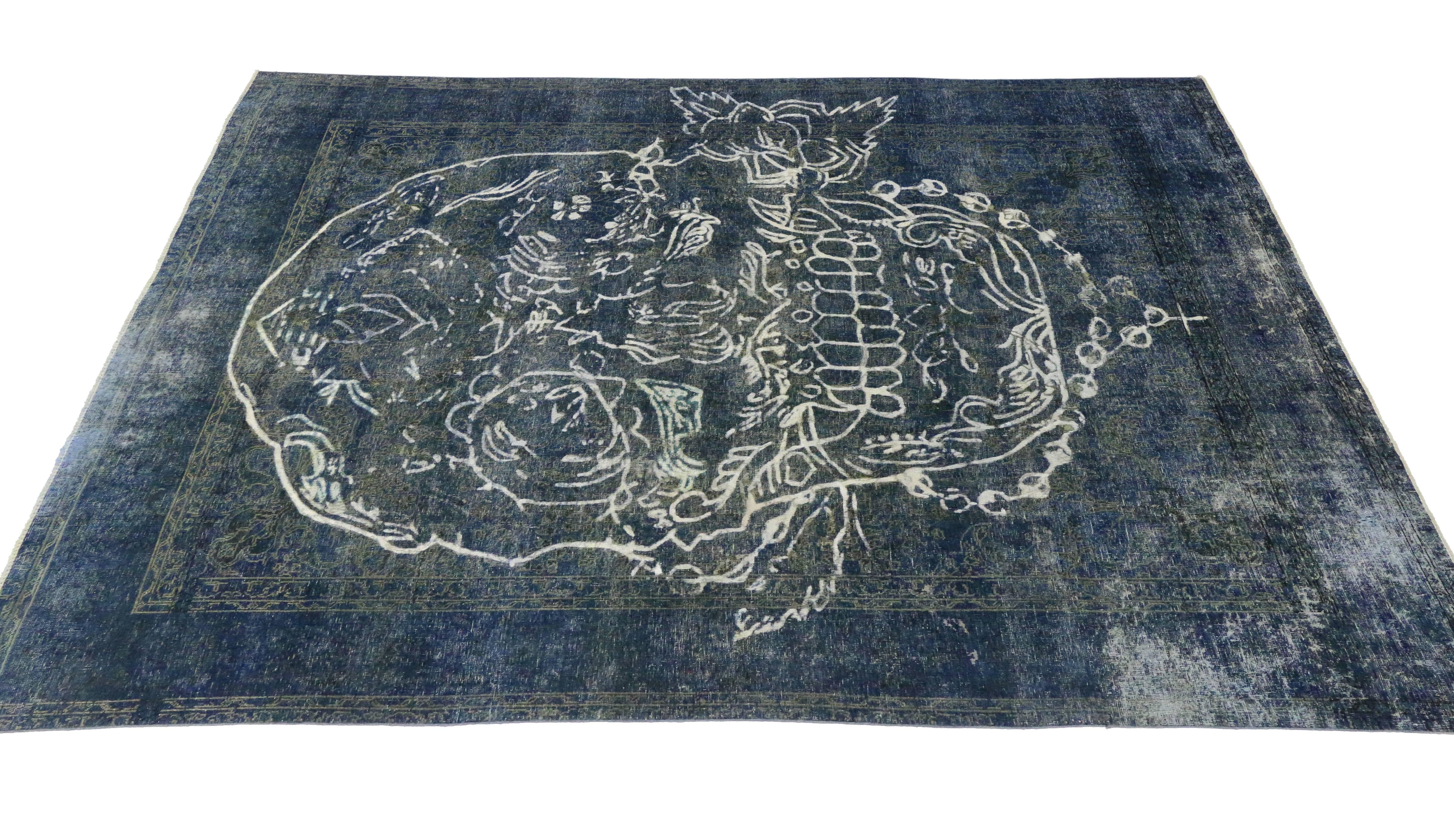 Vintage Persian Tabriz Rug, Overdyed Blue with Skull and Rose Design In Distressed Condition In Dallas, TX