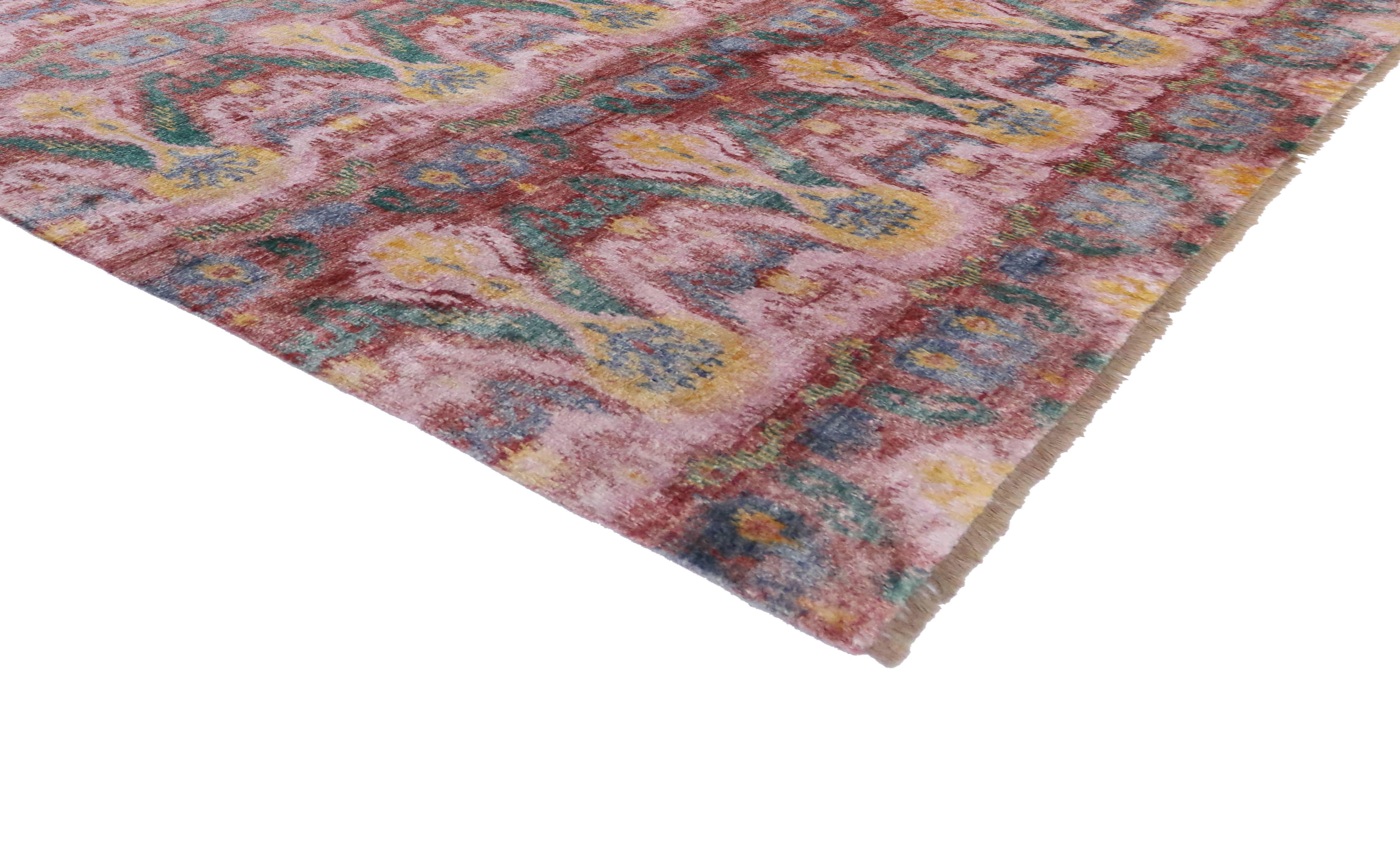 This exotic Ikat motif with its ancient roots looks fresher than ever. Energize your space and add a designer touch to your transitional or contemporary styled living room, office or bedroom. Colors include blue hues, shades of red, pink, yellow and