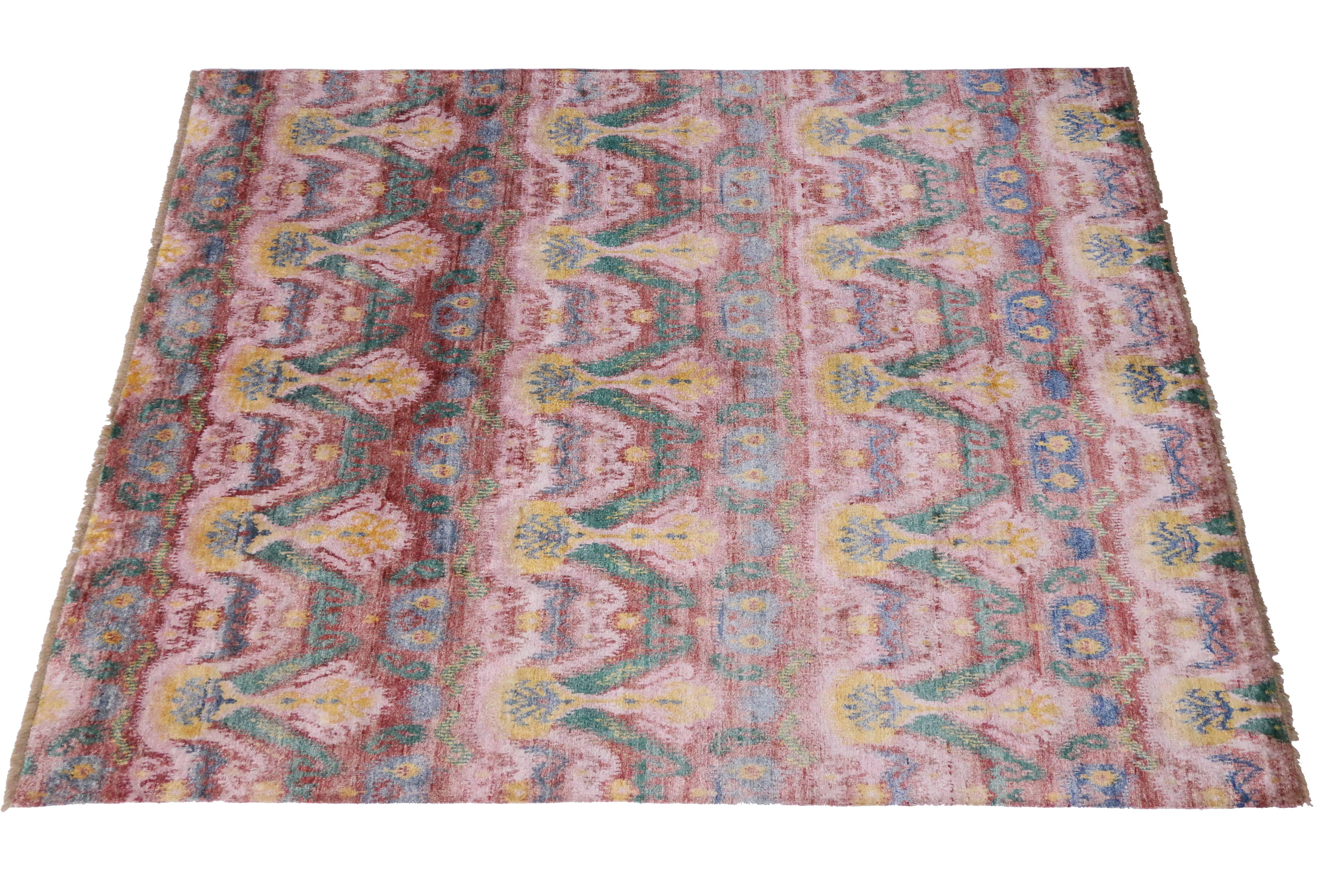 Hand-Knotted Contemporary ‘Psychedelic Fantasy’ Ikat Area Rug 