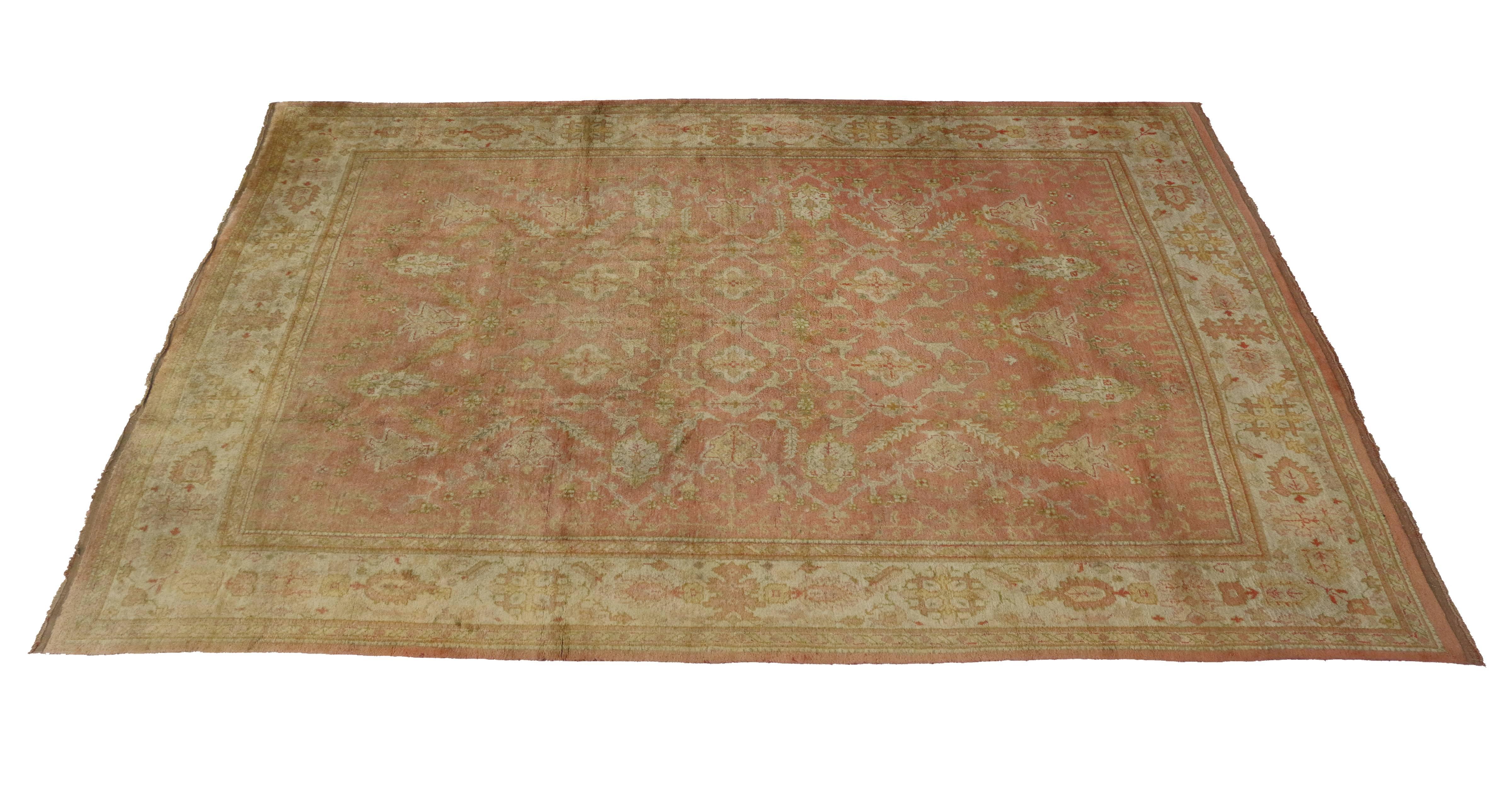Antique Turkish Oushak with Rustic Georgian Farmhouse Style and Pastel Colors For Sale 1