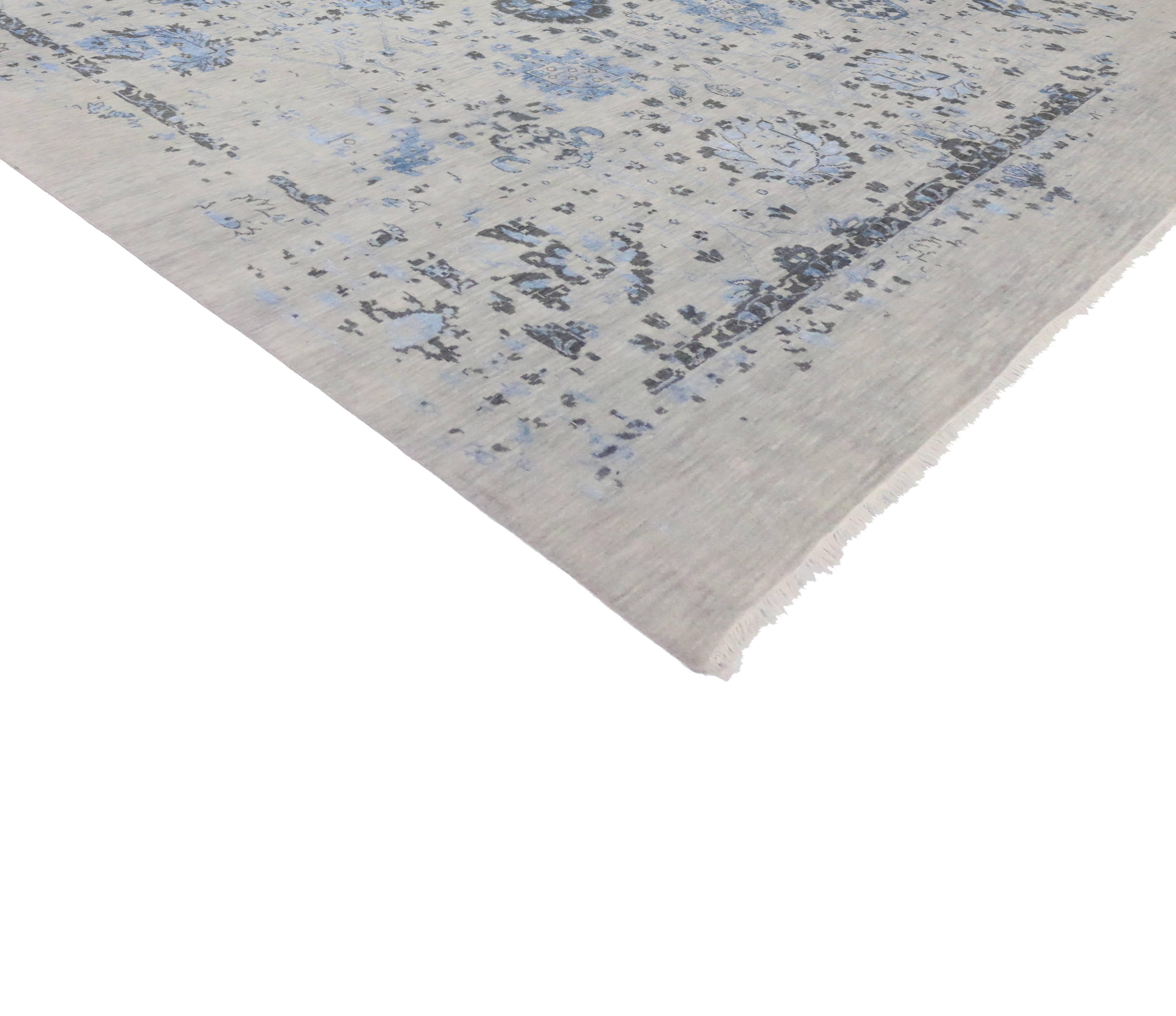 With its element of comfort, artistic statement and functional versatility, this modernized Indian area rug will create a stunning focal point. Rather than sticking to a traditional Oushak style and risking a rather flat outcome, Indian artisans