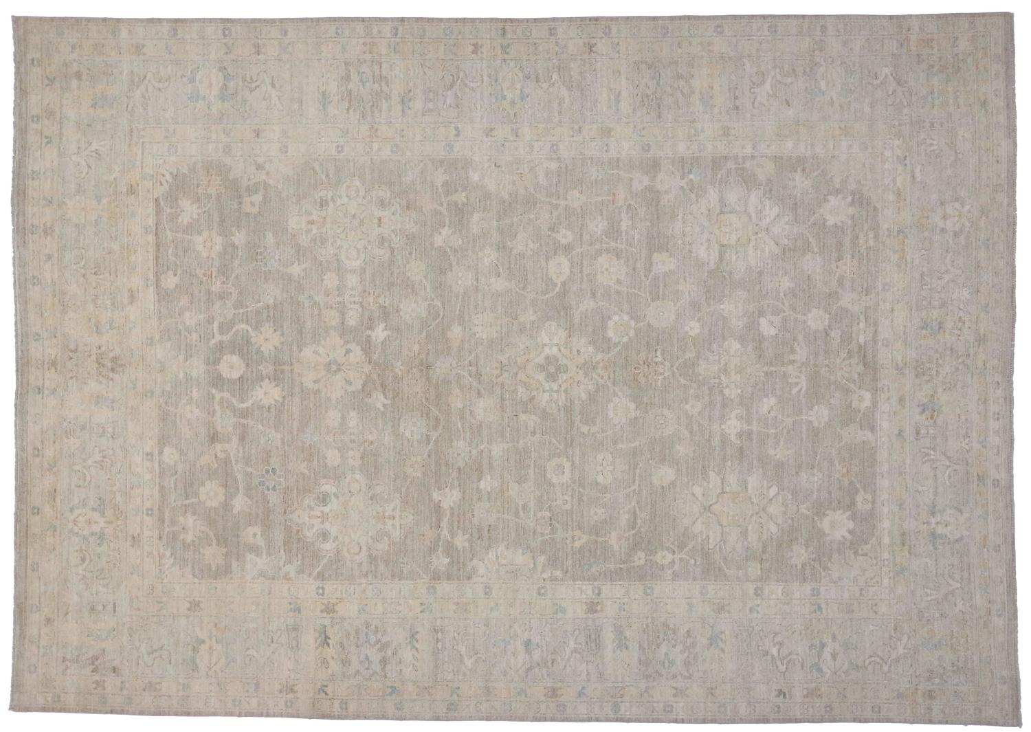 Transitional Oushak Style Area Rug in Muted Colors with Modern Design