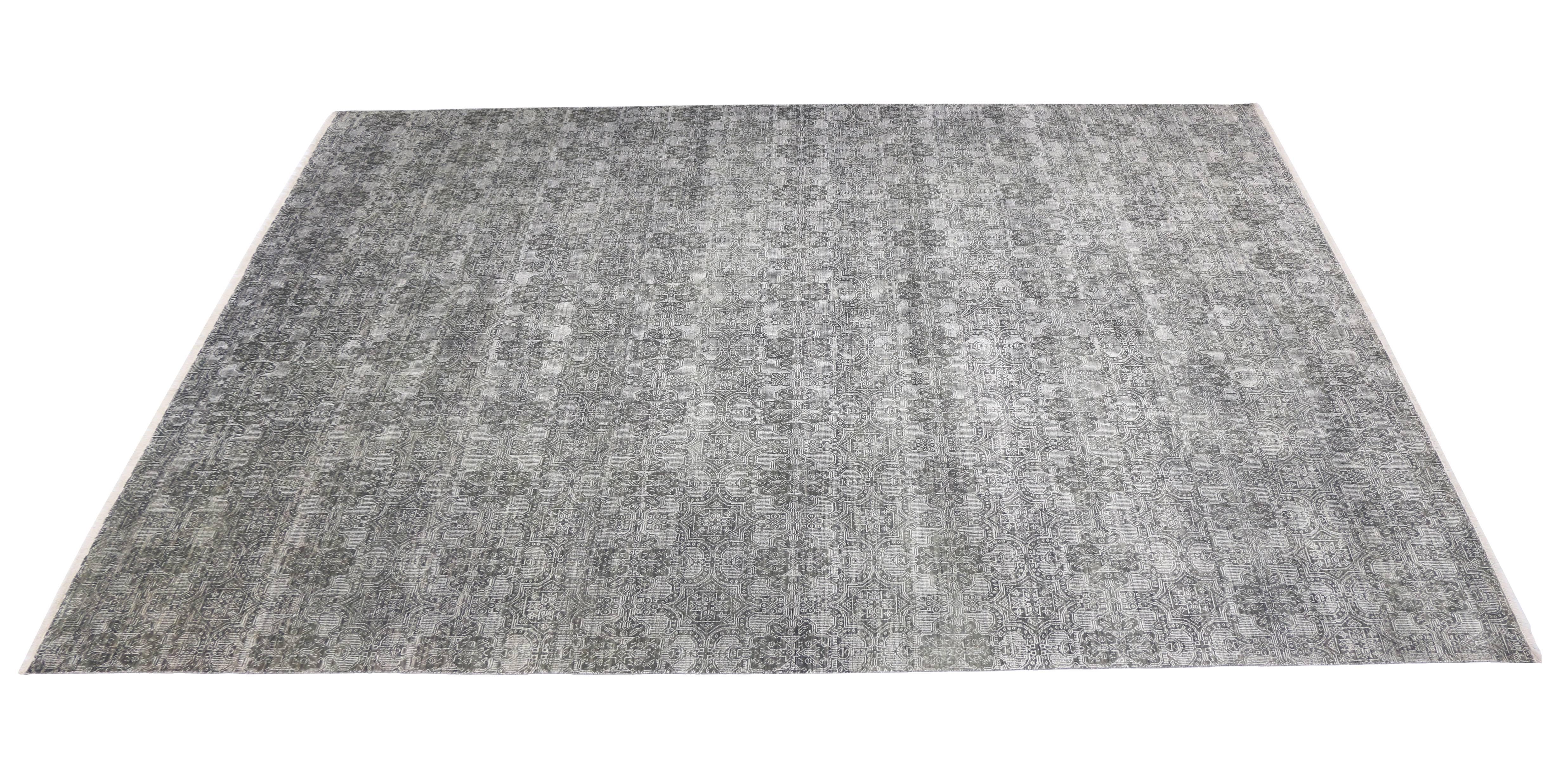 Hand-Knotted Transitional Gray Rug with Exotic Arabesque Pattern and Modern Style