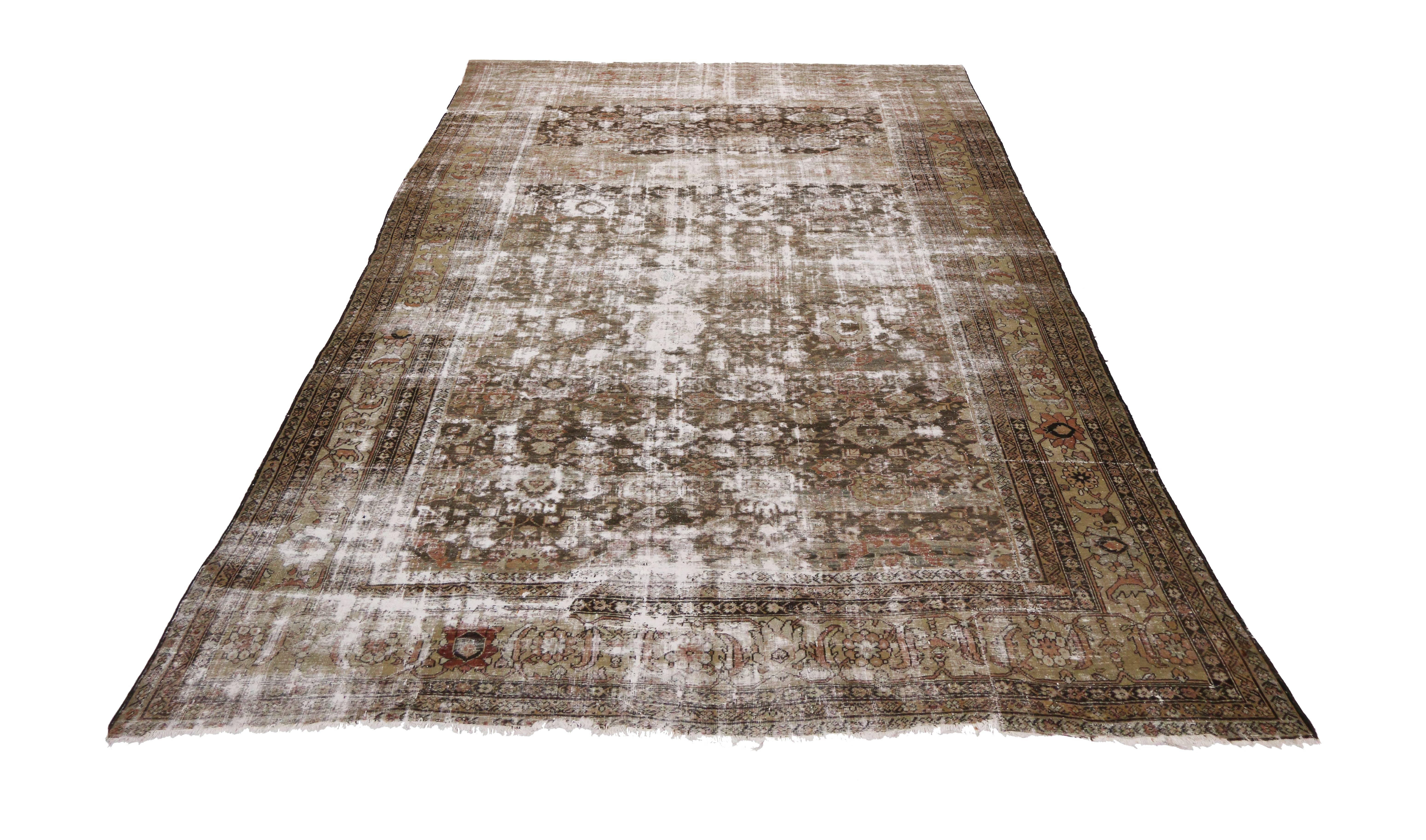 Hand-Knotted Distressed Antique Persian Sultanabad Rug, Rustic Charm Meets Weathered Finesse For Sale