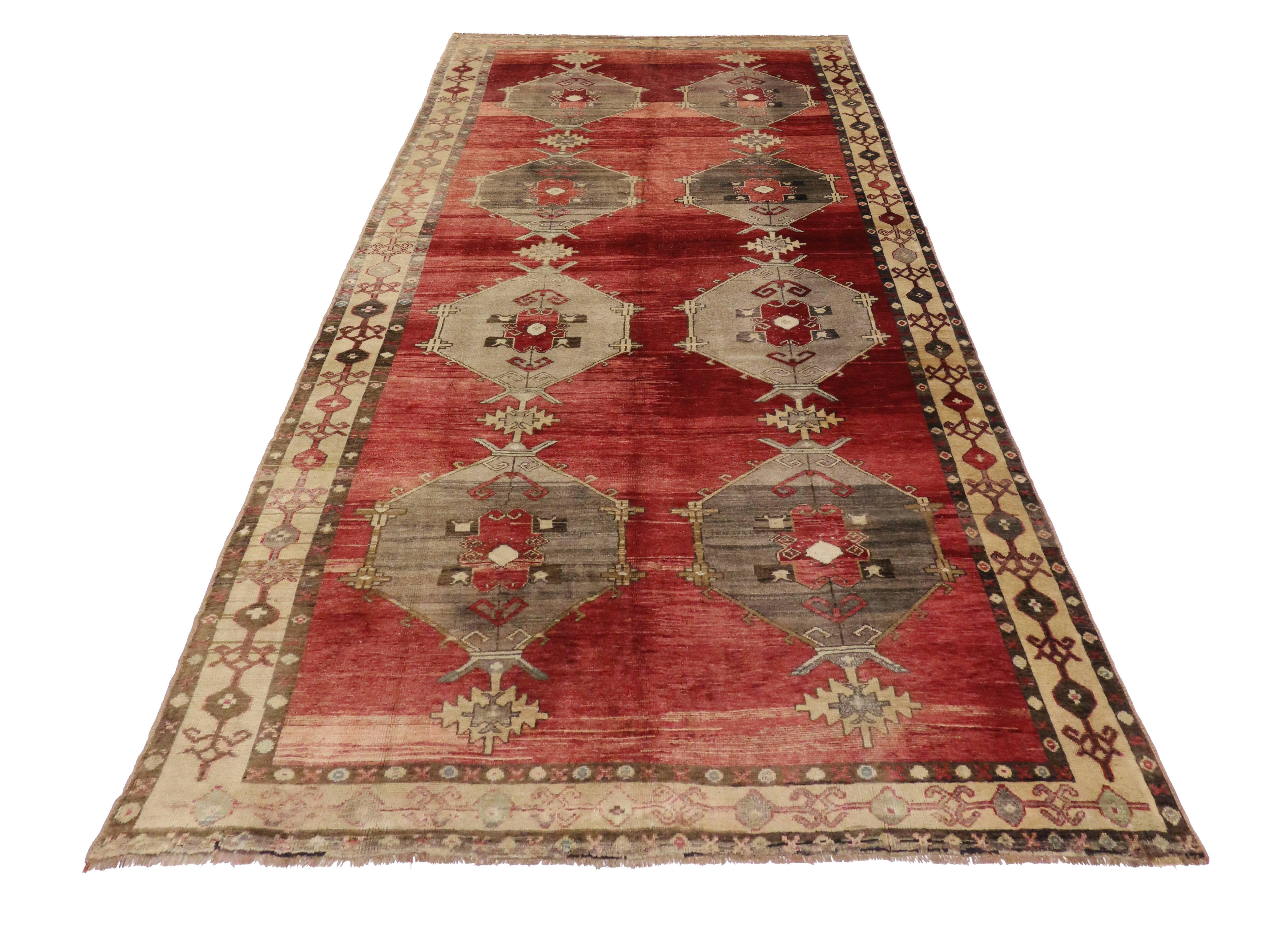 Mid-Century Modern Style Vintage Turkish Oushak Gallery Rug, Wide Hallway Runner For Sale 2