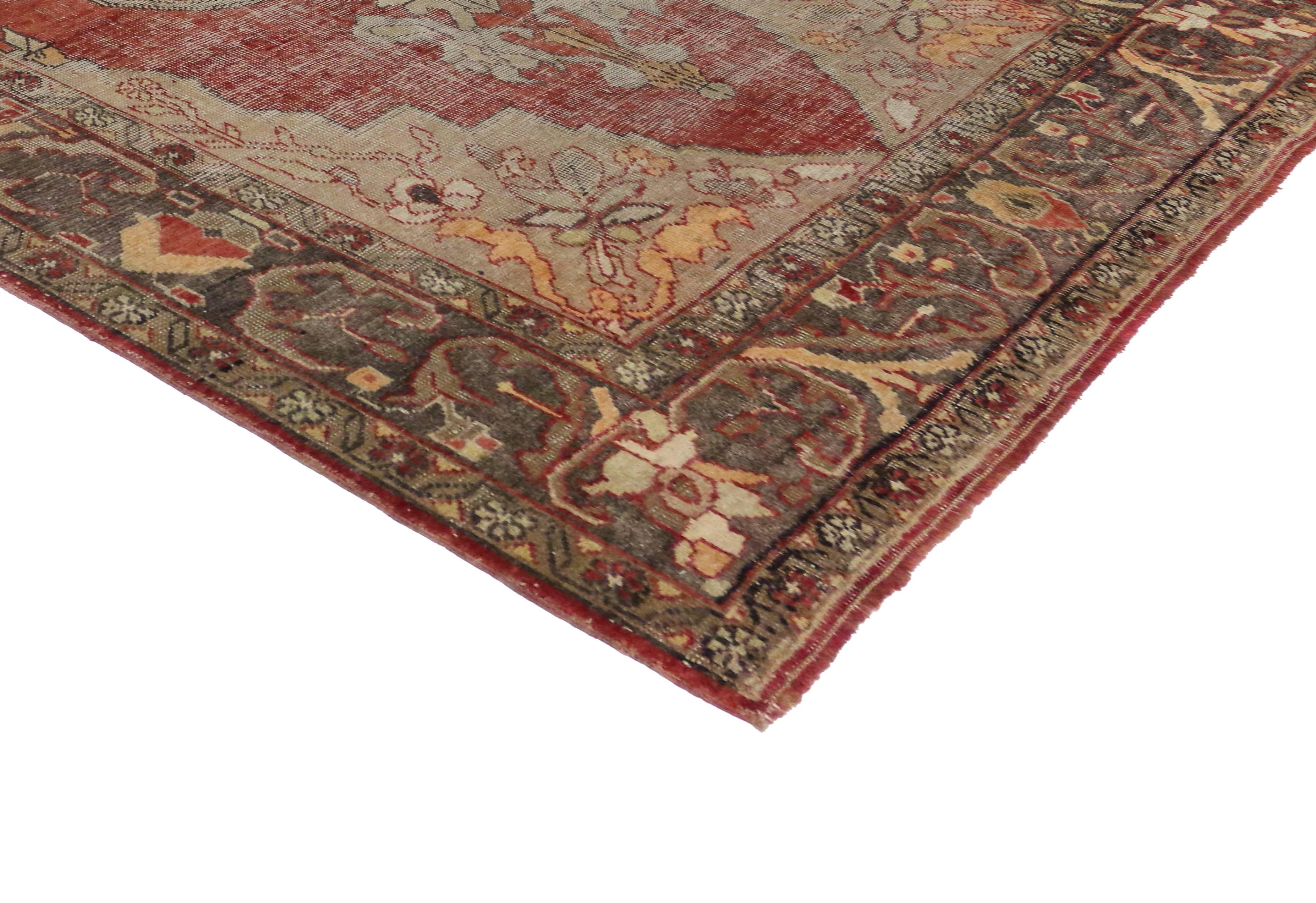 Distressed Vintage Turkish Oushak Rug with Rustic English Manor Style  For Sale 1