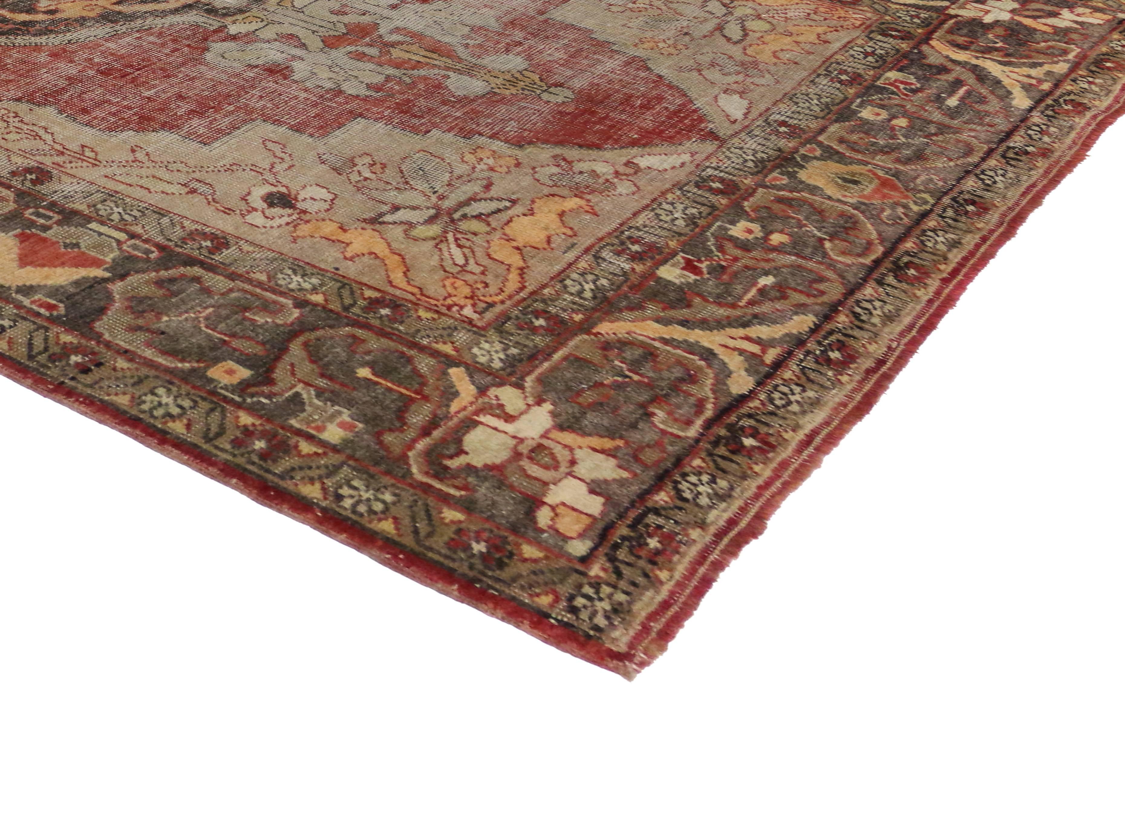 Distressed Vintage Turkish Oushak Rug with Rustic English Manor Style  For Sale 2