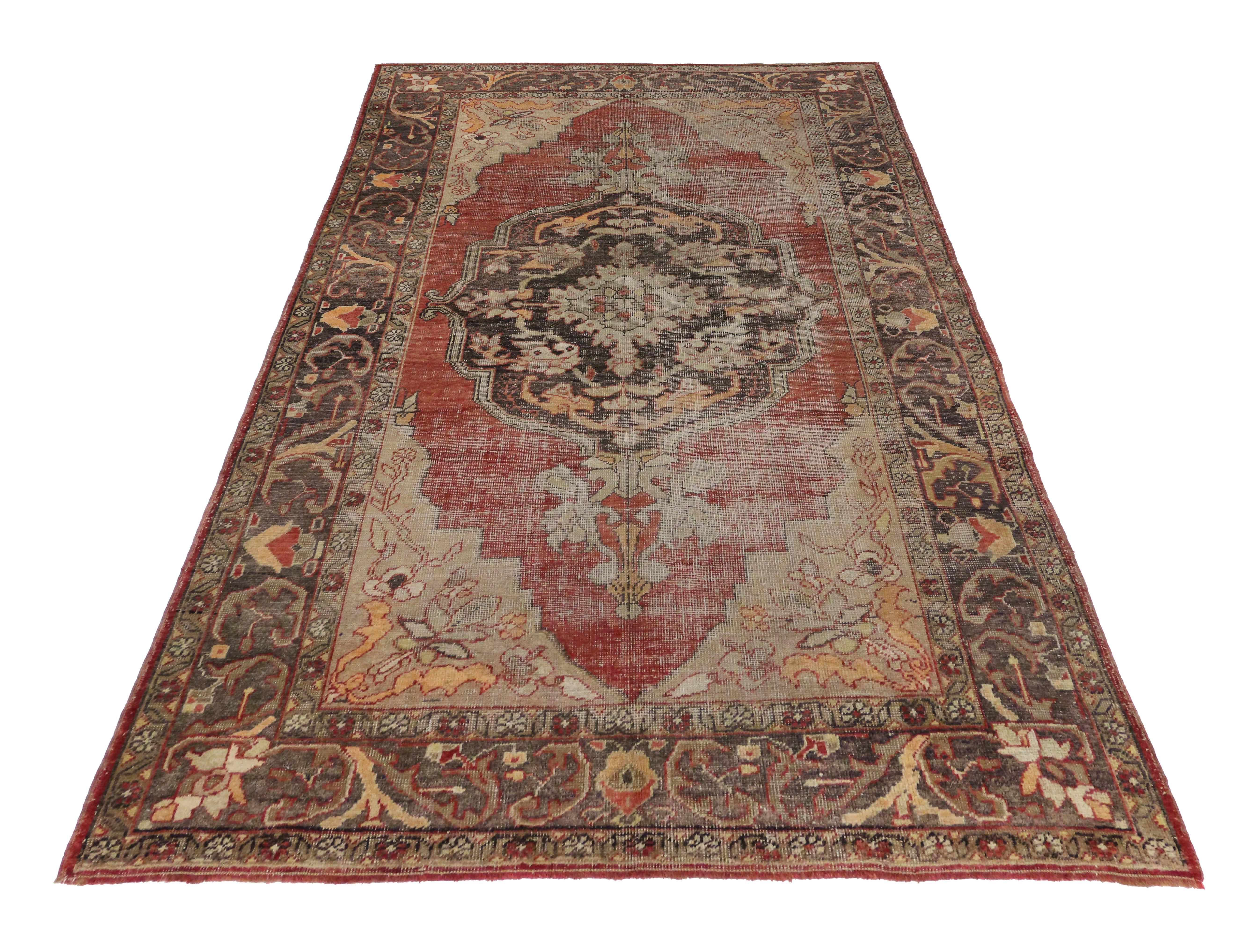 Distressed Vintage Turkish Oushak Rug with Rustic English Manor Style  For Sale 3