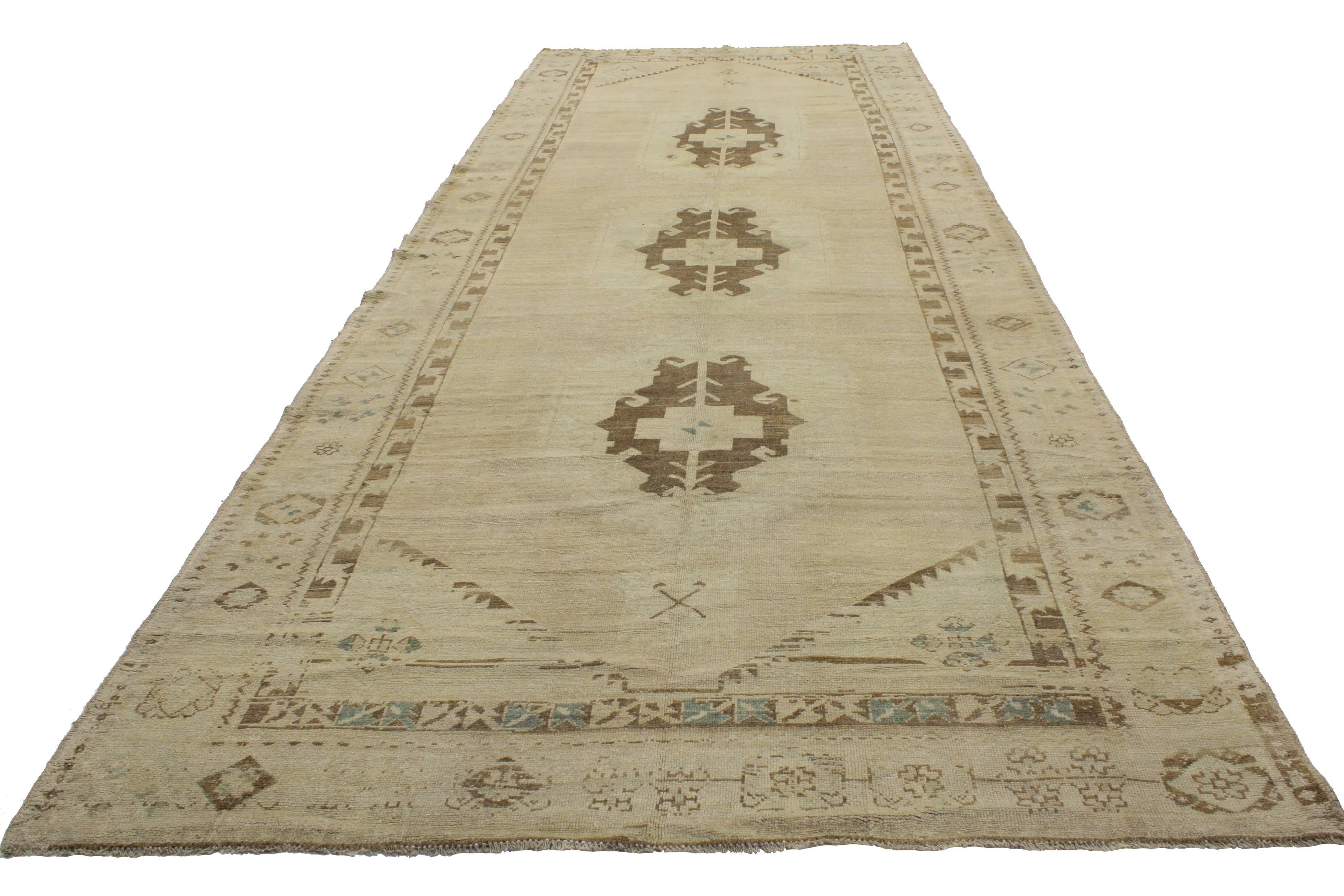 Hand-Knotted Vintage Turkish Oushak Gallery Rug with Muted Colors, Wide Hallway Runner