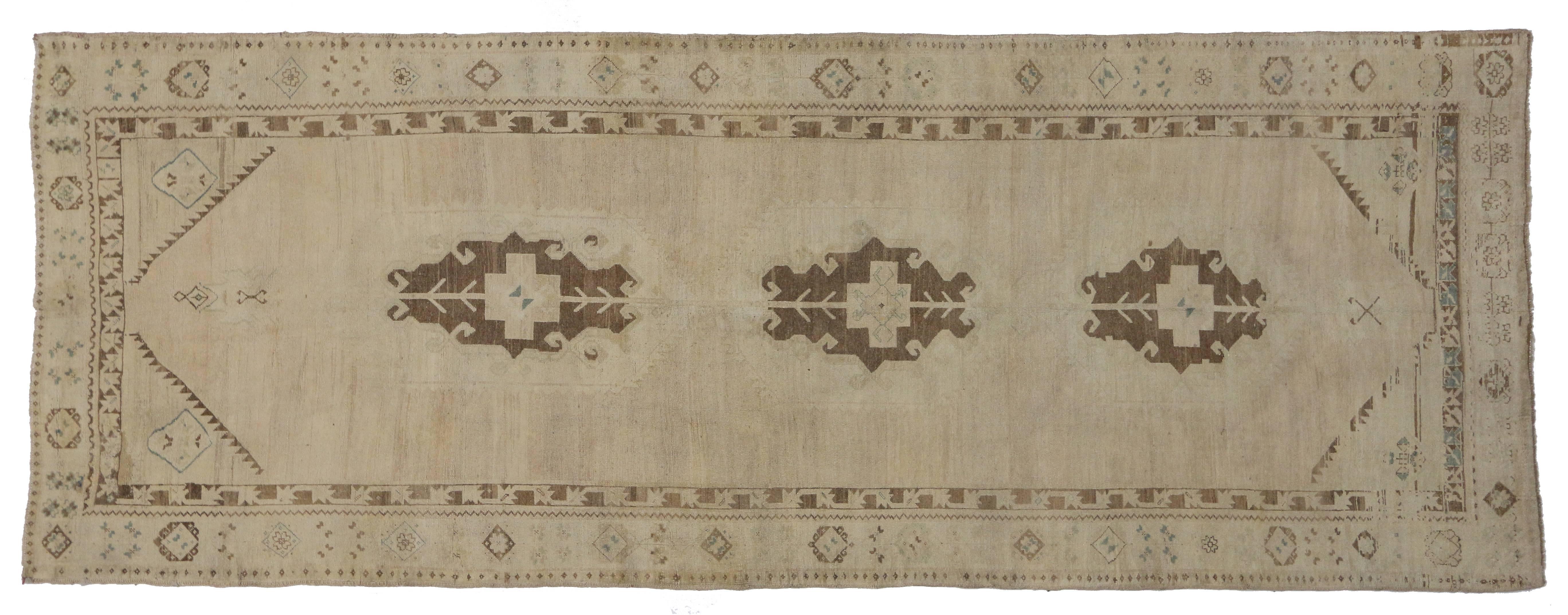 20th Century Vintage Turkish Oushak Gallery Rug with Muted Colors, Wide Hallway Runner