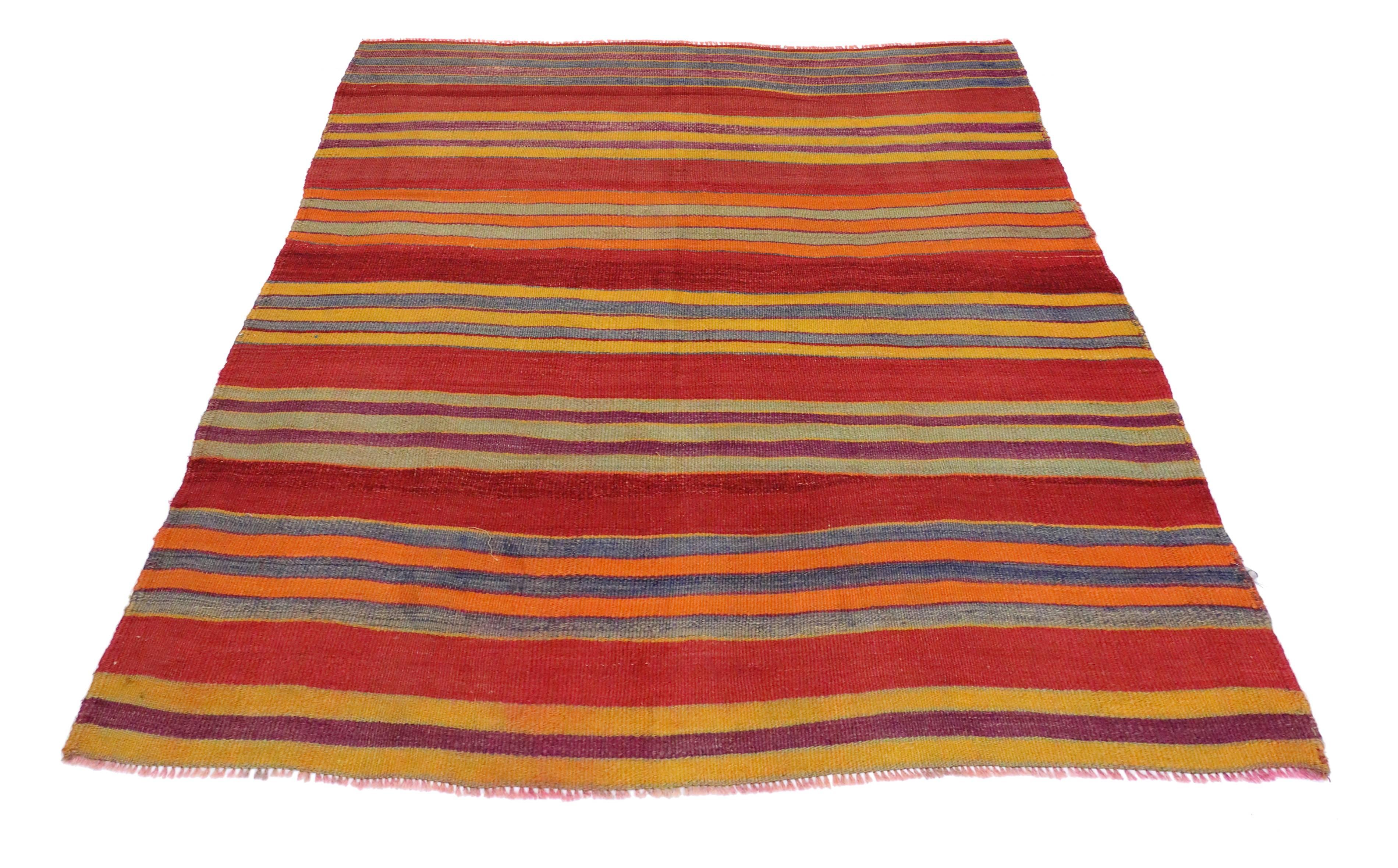 Hand-Woven Vintage Turkish Kilim with Multi-Color Stripes in Modern Style, Red FlatWeave