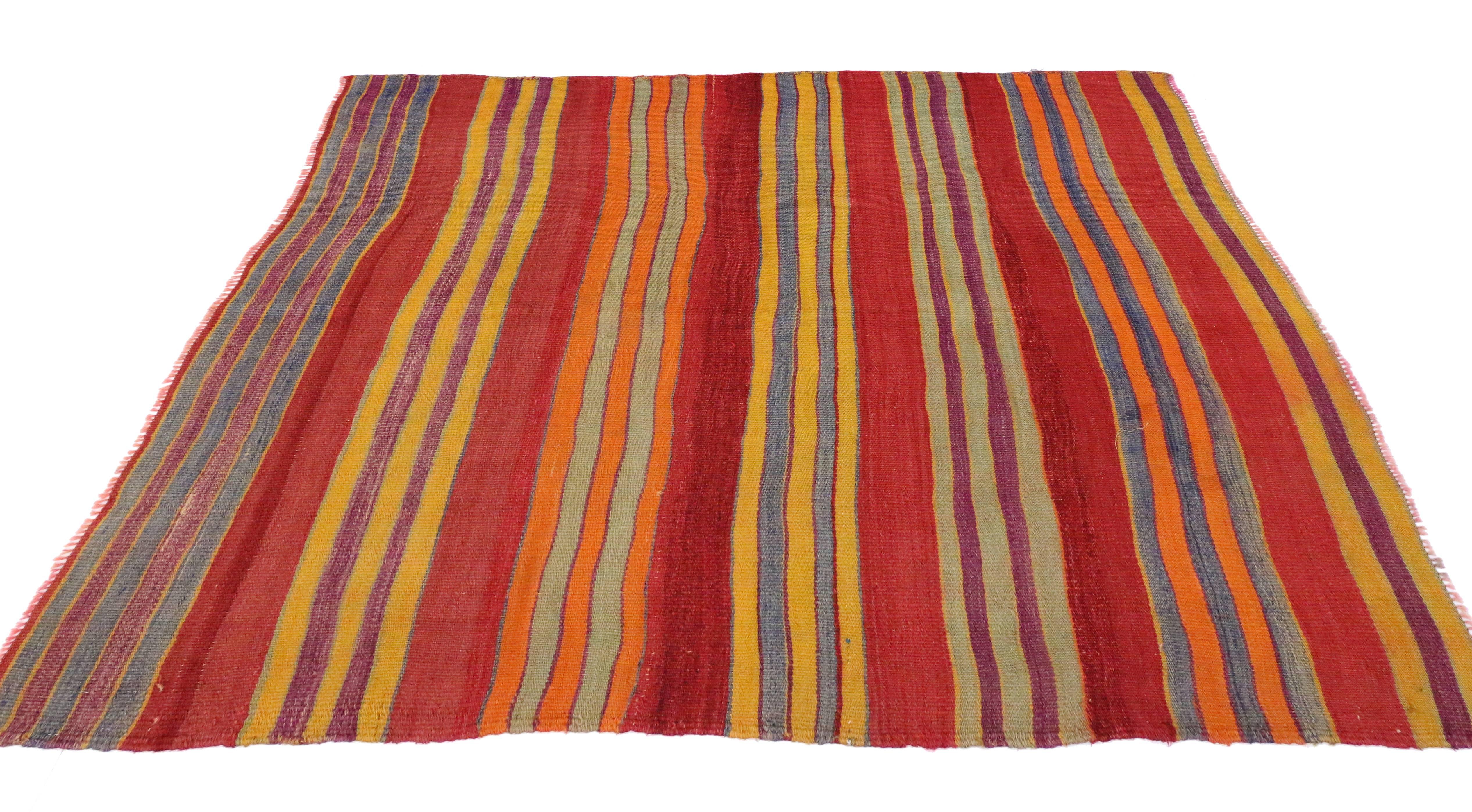Vintage Turkish Kilim with Multi-Color Stripes in Modern Style, Red FlatWeave In Excellent Condition In Dallas, TX