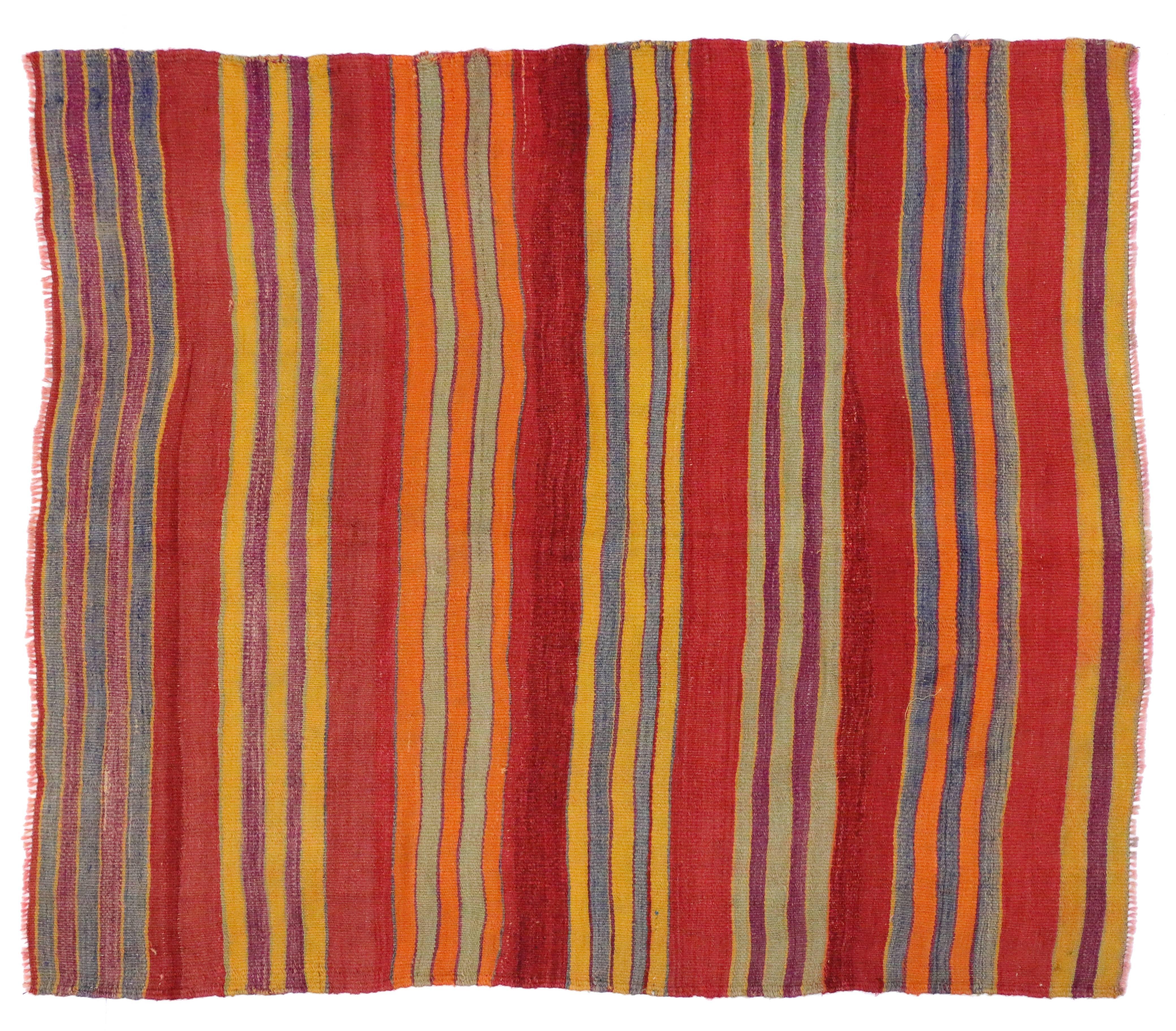 20th Century Vintage Turkish Kilim with Multi-Color Stripes in Modern Style, Red FlatWeave