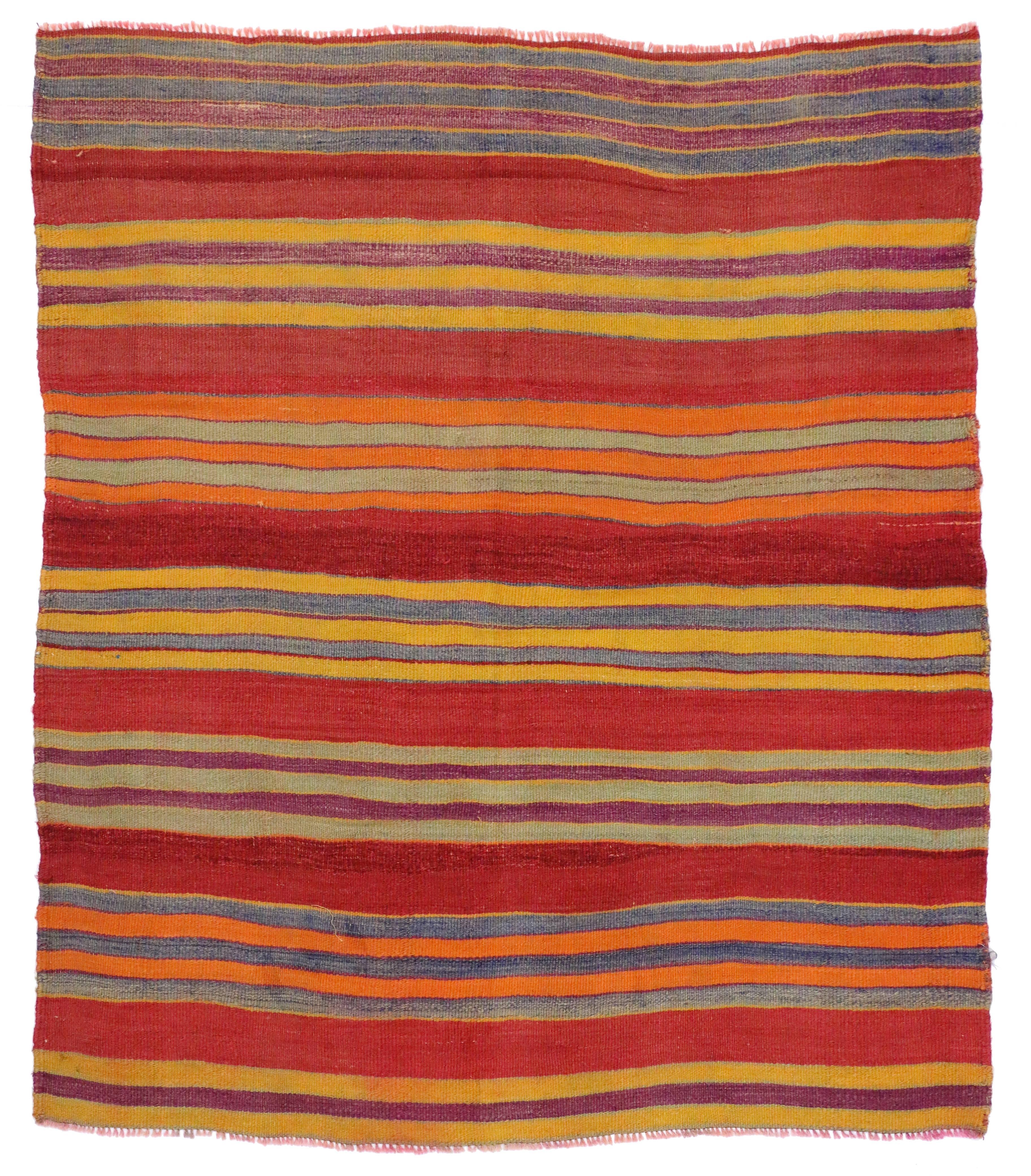 Wool Vintage Turkish Kilim with Multi-Color Stripes in Modern Style, Red FlatWeave