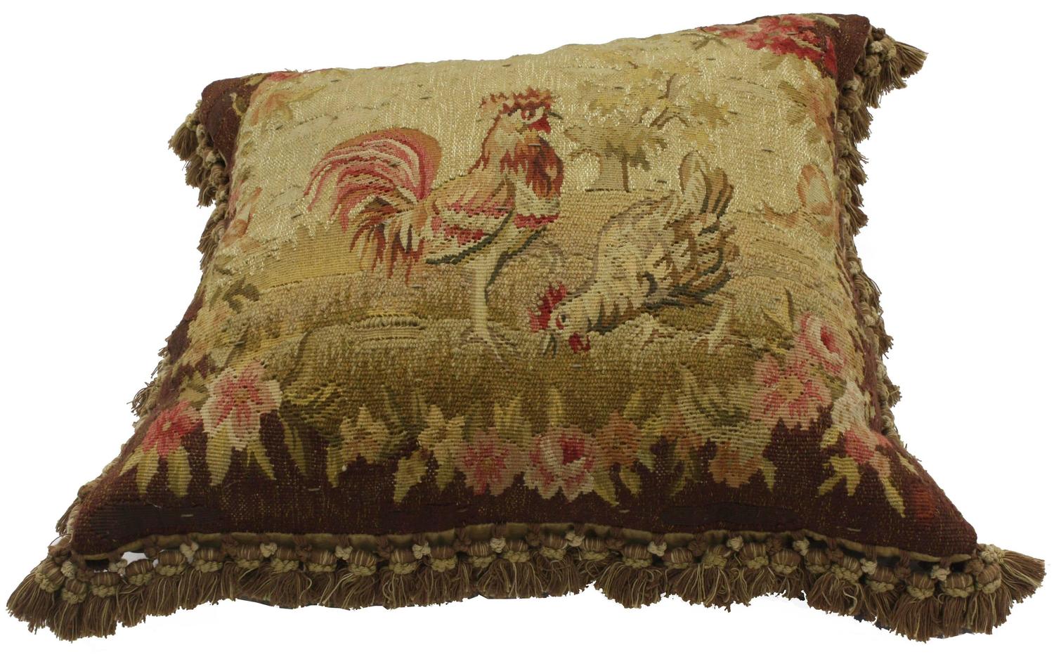 Late 19th Century Antique European Tapestry Pillow with Roosters at 1stdibs