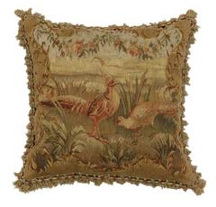 Late 19th Century Antique European Tapestry Pillow with Aubusson Pheasants