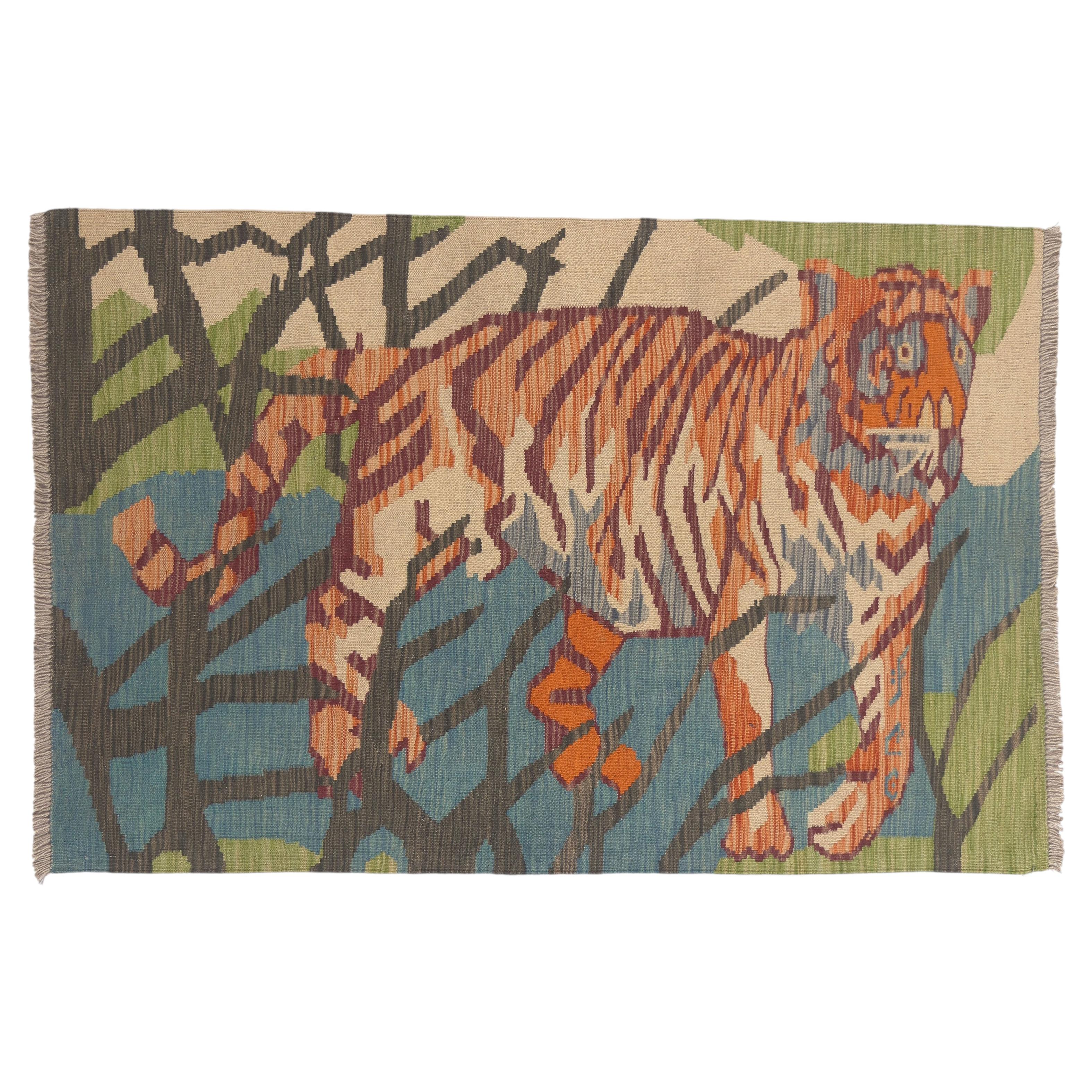 The Caspian Tiger: A Vintage Pakistani Kilim Masterpiece of Untamed Grace For Sale