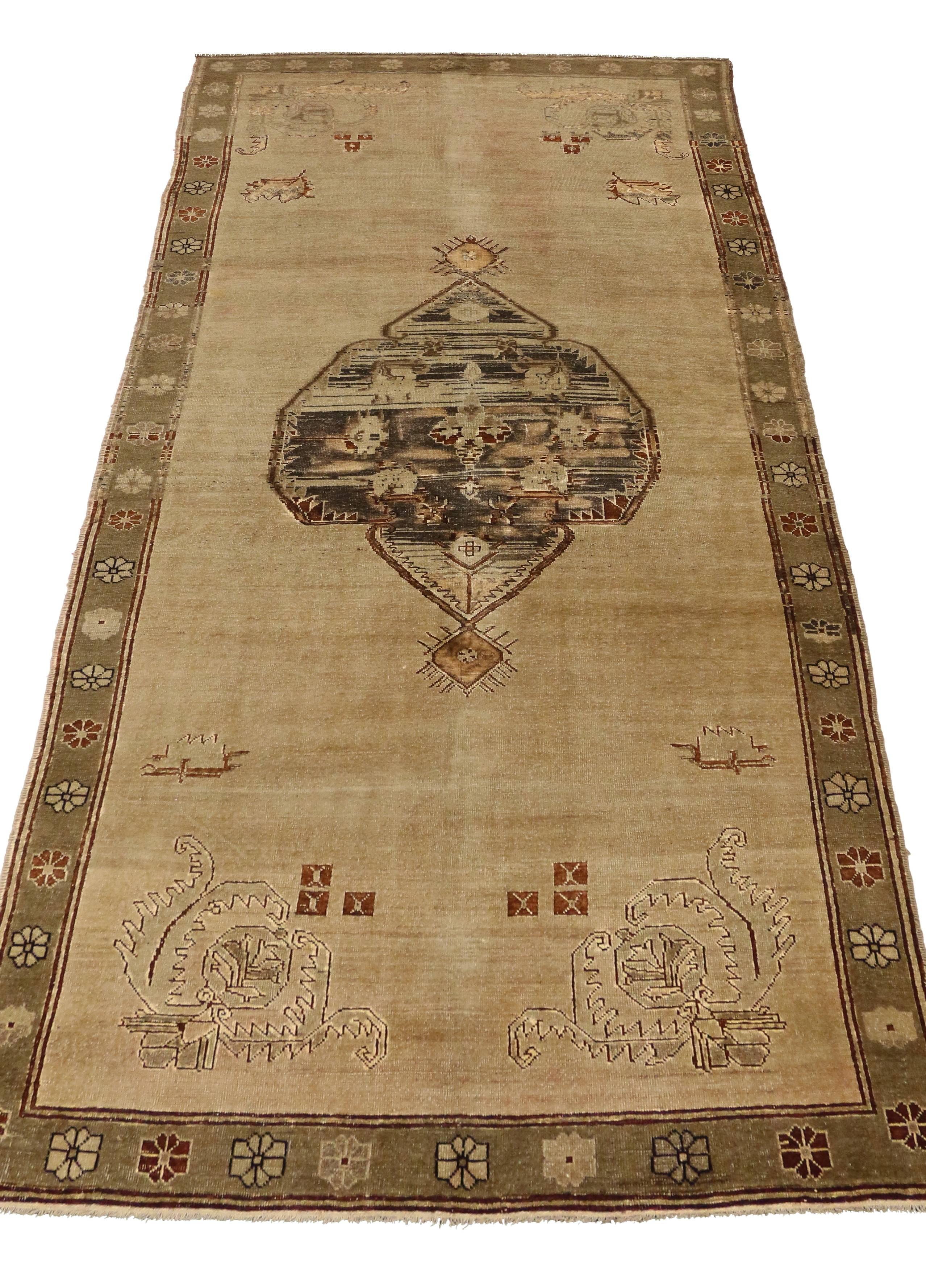 Vintage Turkish Oushak Gallery Rug, Wide Hallway Runner with Modern Style For Sale 4