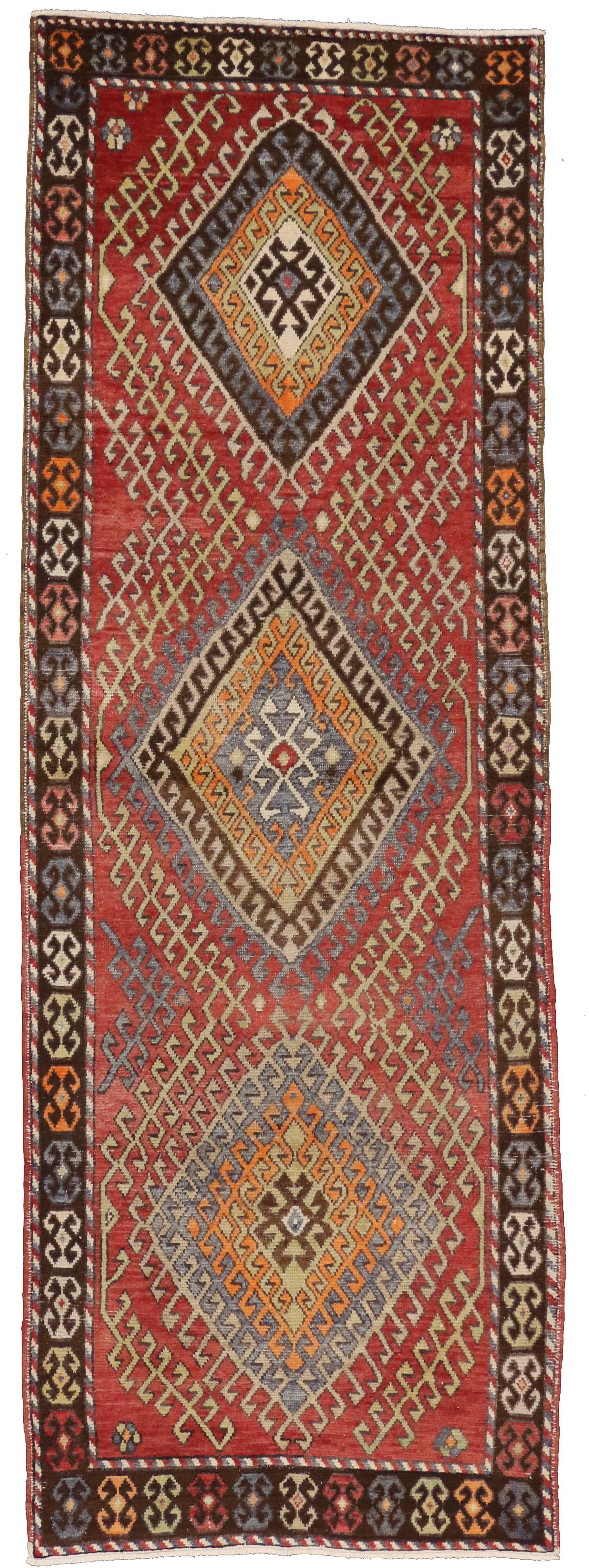 Rustikaler türkischer Oushak-Läufer im Vintage-Stil, Stammeskunst-Läufer, Flurläufer im Angebot 3