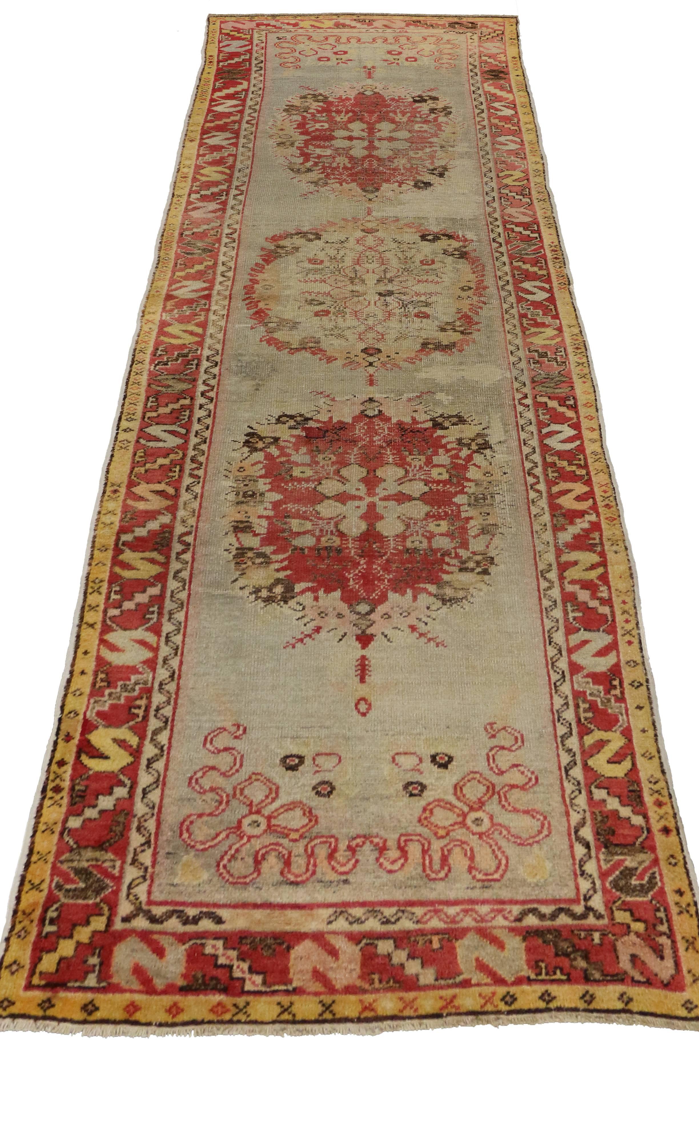 Distressed Vintage Turkish Oushak Runner with Romantic French Country Style For Sale 3