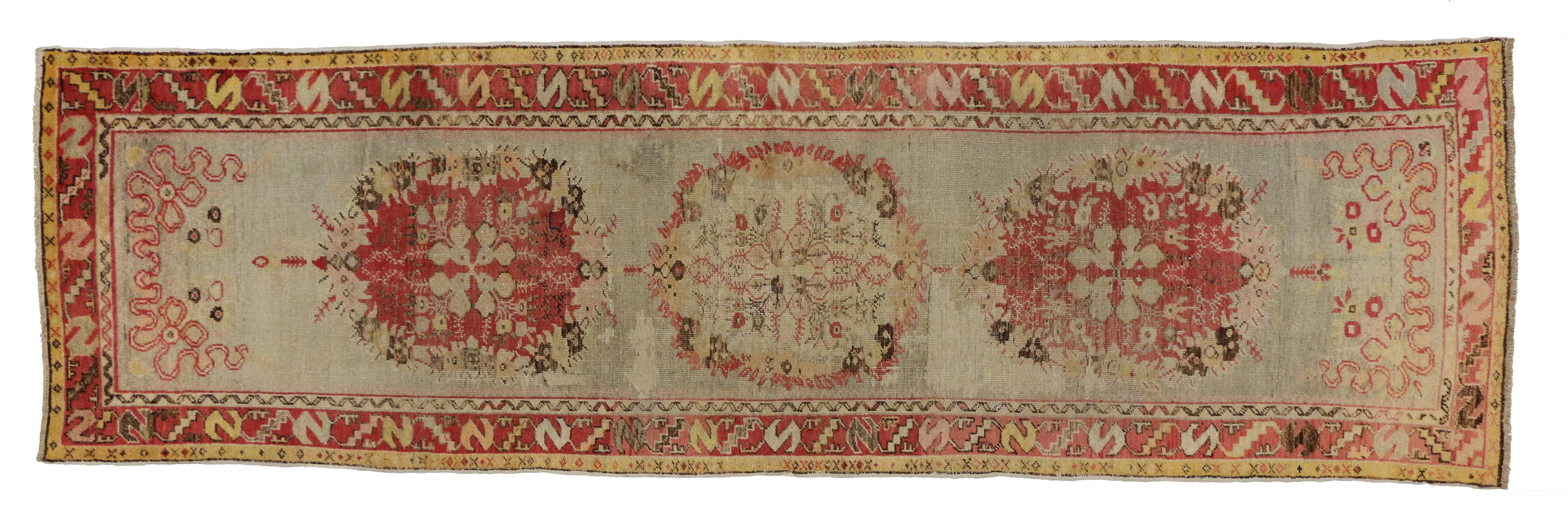 Distressed Vintage Turkish Oushak Runner with Romantic French Country Style For Sale 4