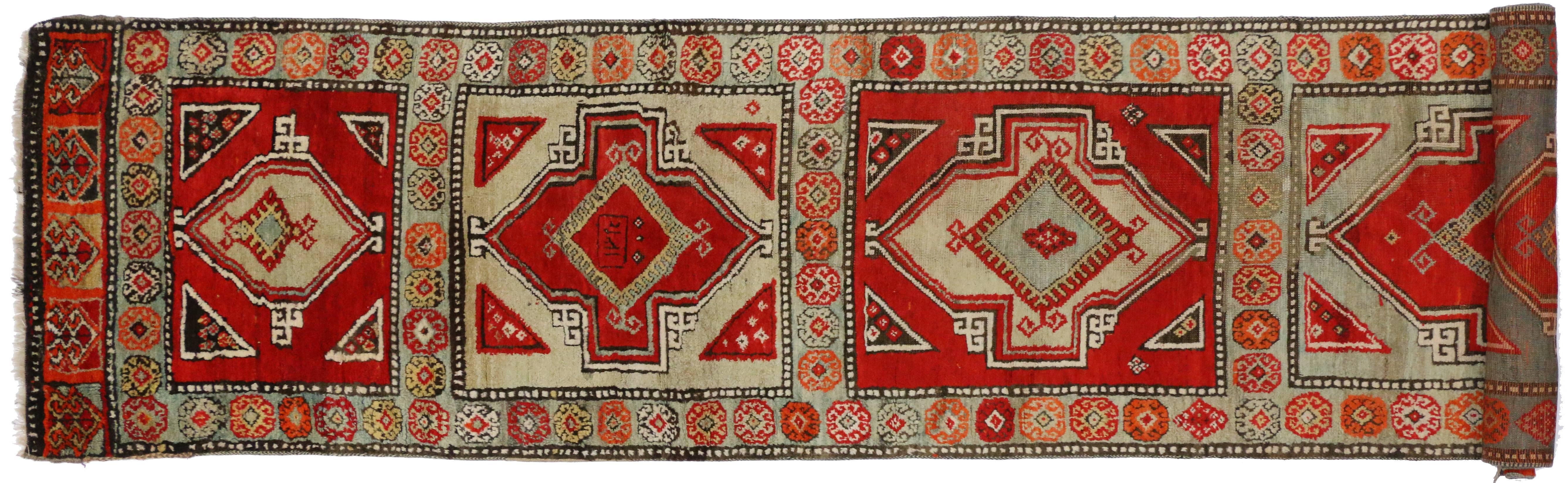Wool Vintage Turkish Oushak Runner with Eclectic Mediterranean Style
