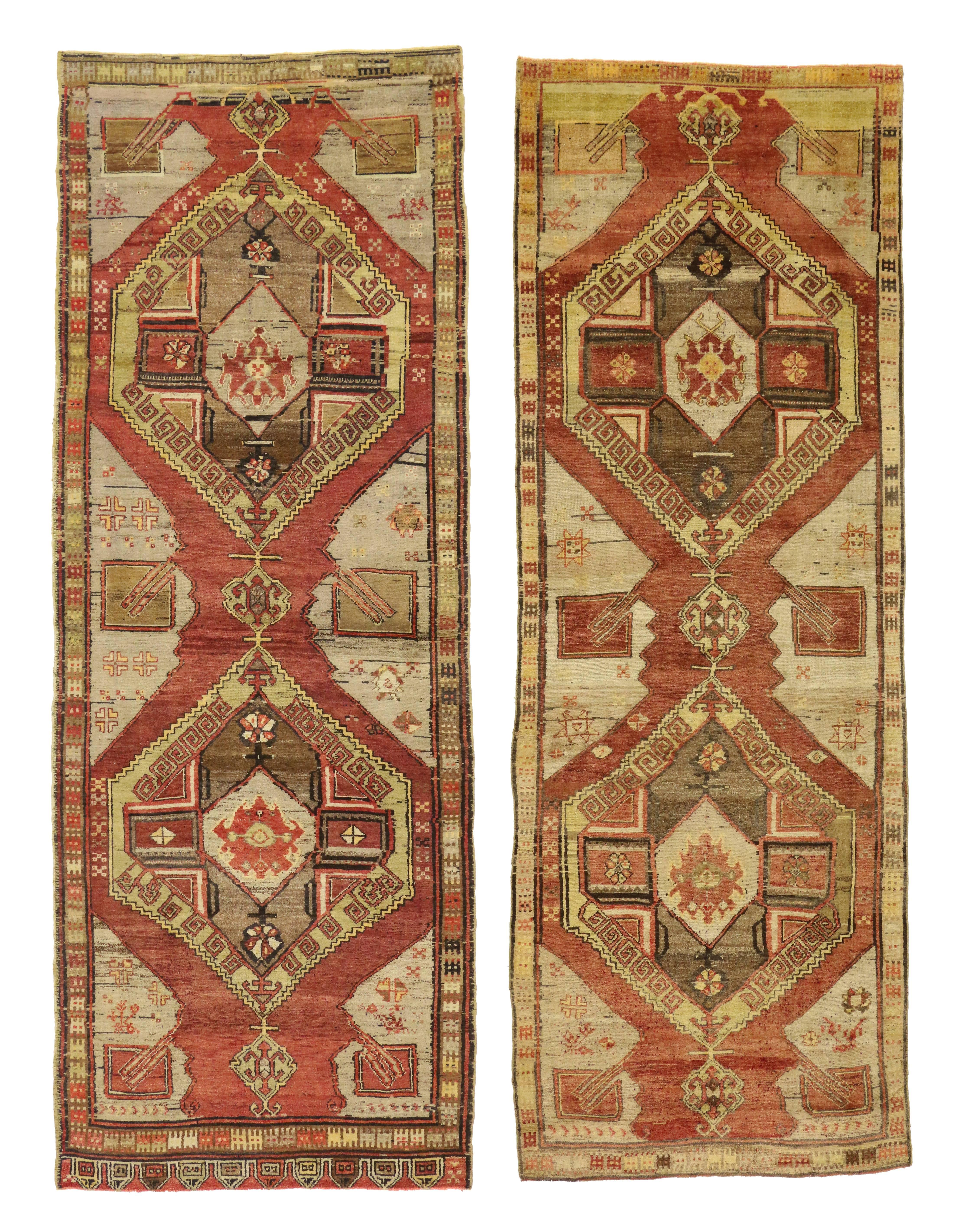 Wool Pair of Vintage Turkish Oushak Runners with Mid-Century Modern Style For Sale