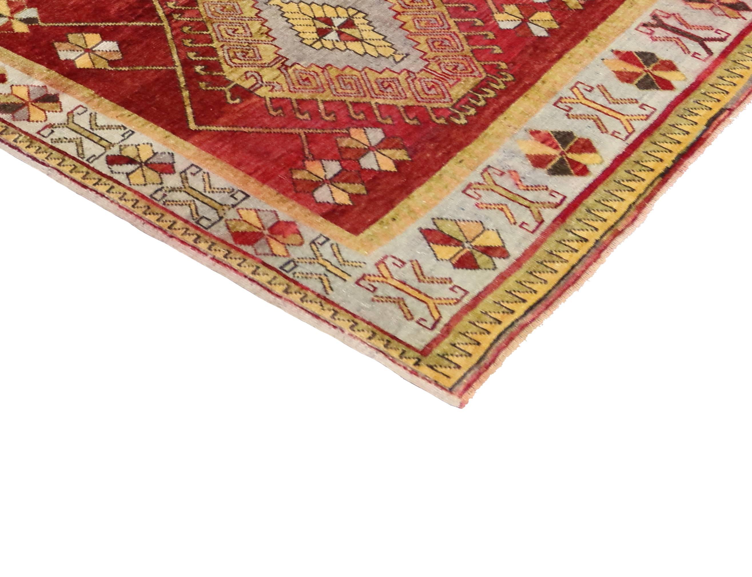 50728 Vintage Turkish Oushak Carpet Runner with Modern Tribal Style. Impeccable woven from soft, silky wool and featuring luminous colors, this vintage Turkish Oushak carpet runner is easily integrated into modern, contemporary decor and even those
