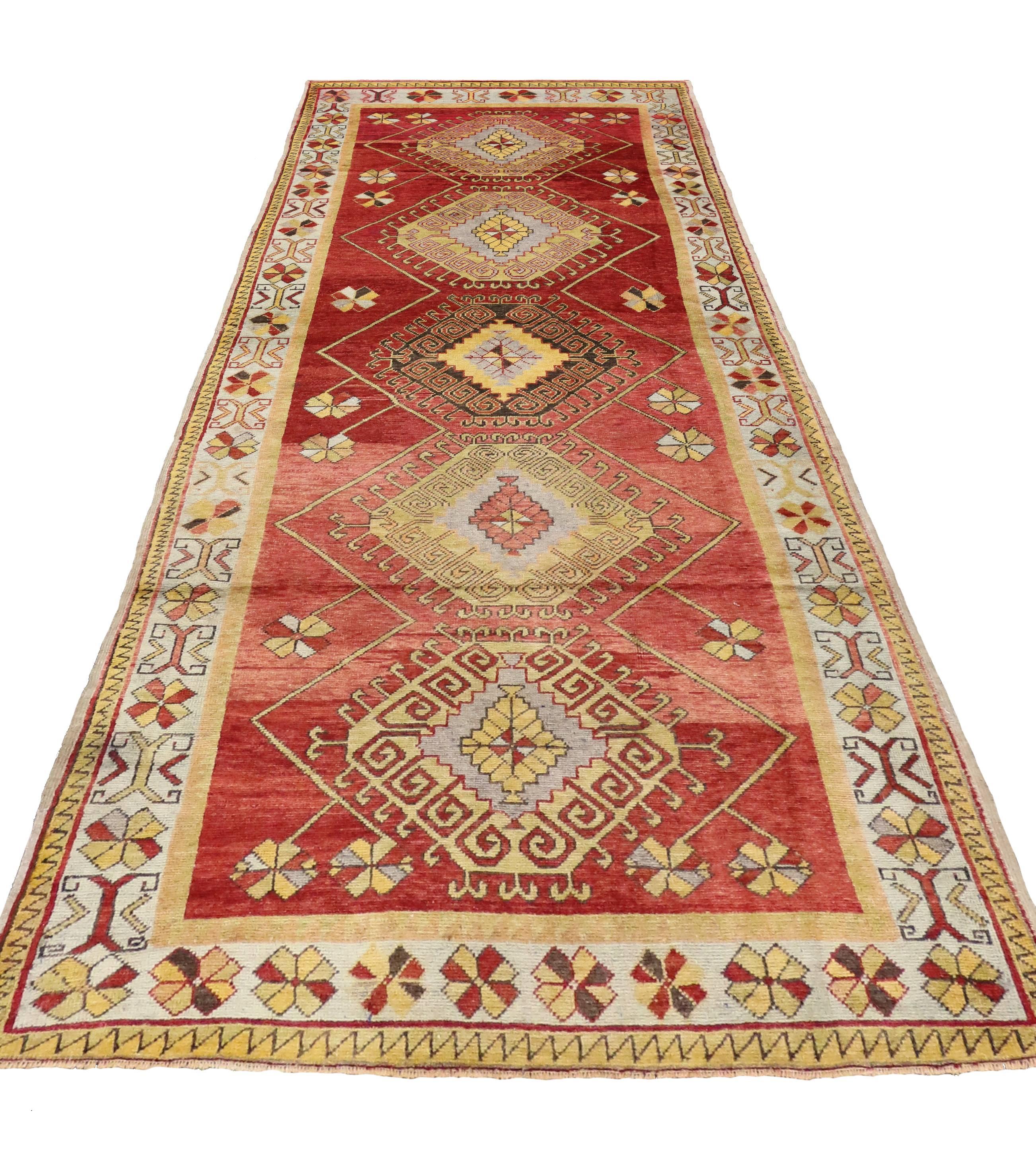 20th Century Vintage Turkish Oushak Runner with Modern Tribal Style, Wide Hallway Runner For Sale