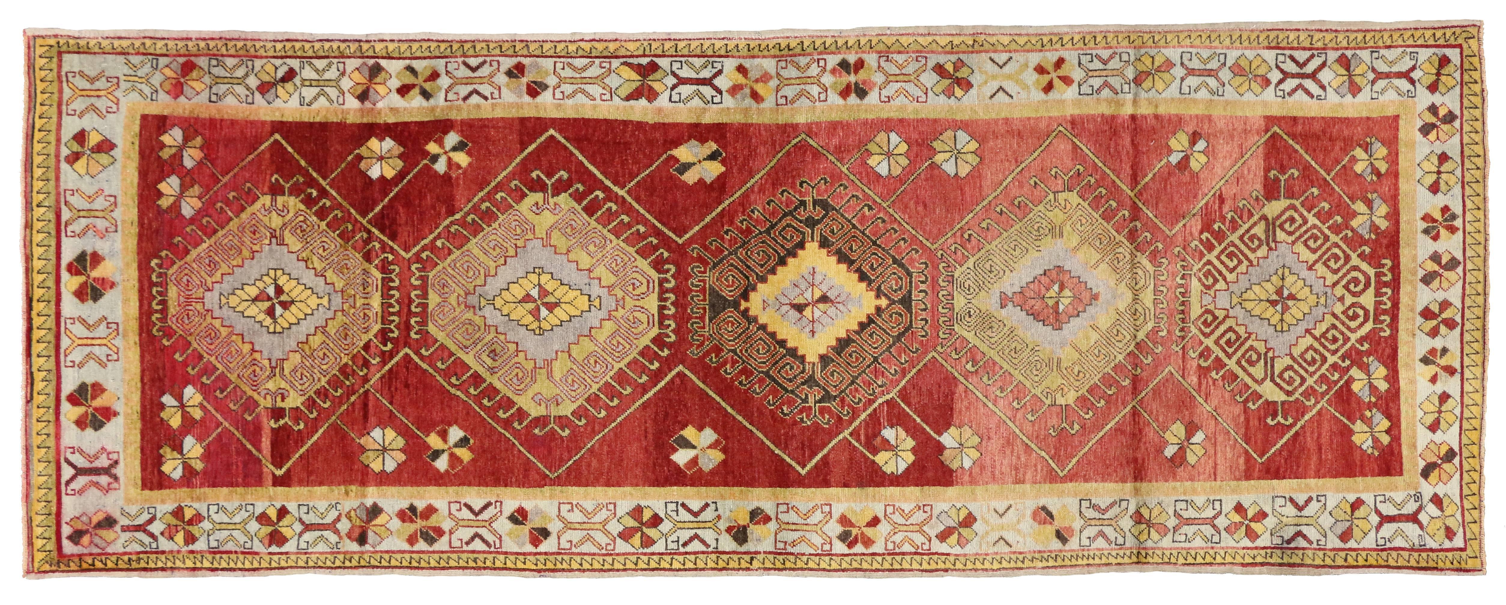 Wool Vintage Turkish Oushak Runner with Modern Tribal Style, Wide Hallway Runner For Sale