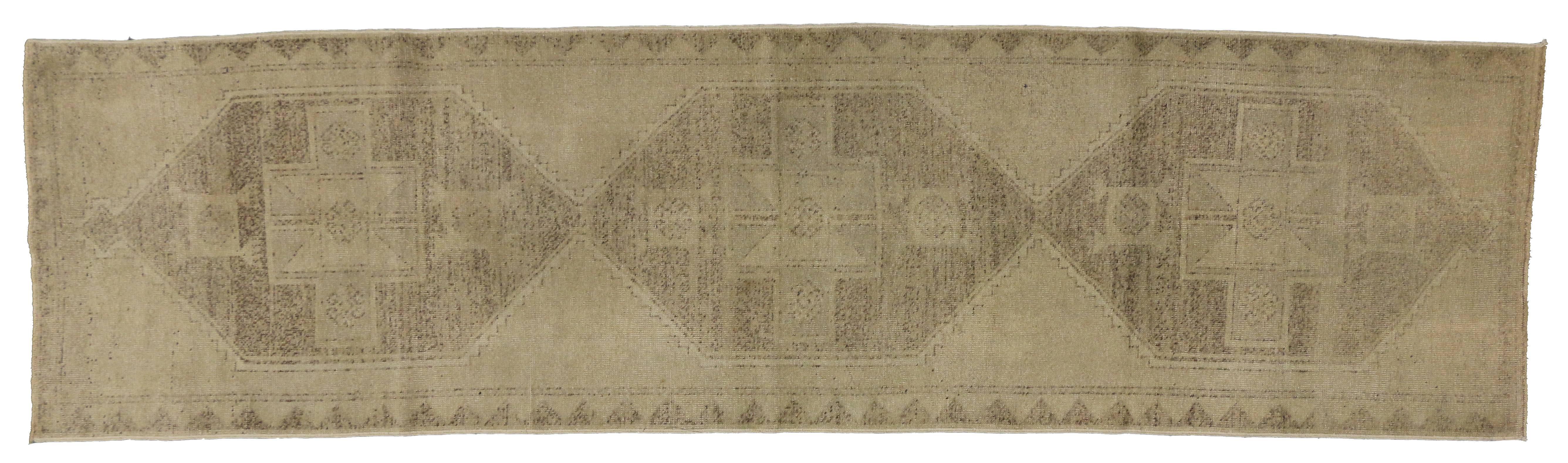 Wool Turkish Oushak Carpet Runner with Shaker Style and Muted 'Washed Out' Colors For Sale