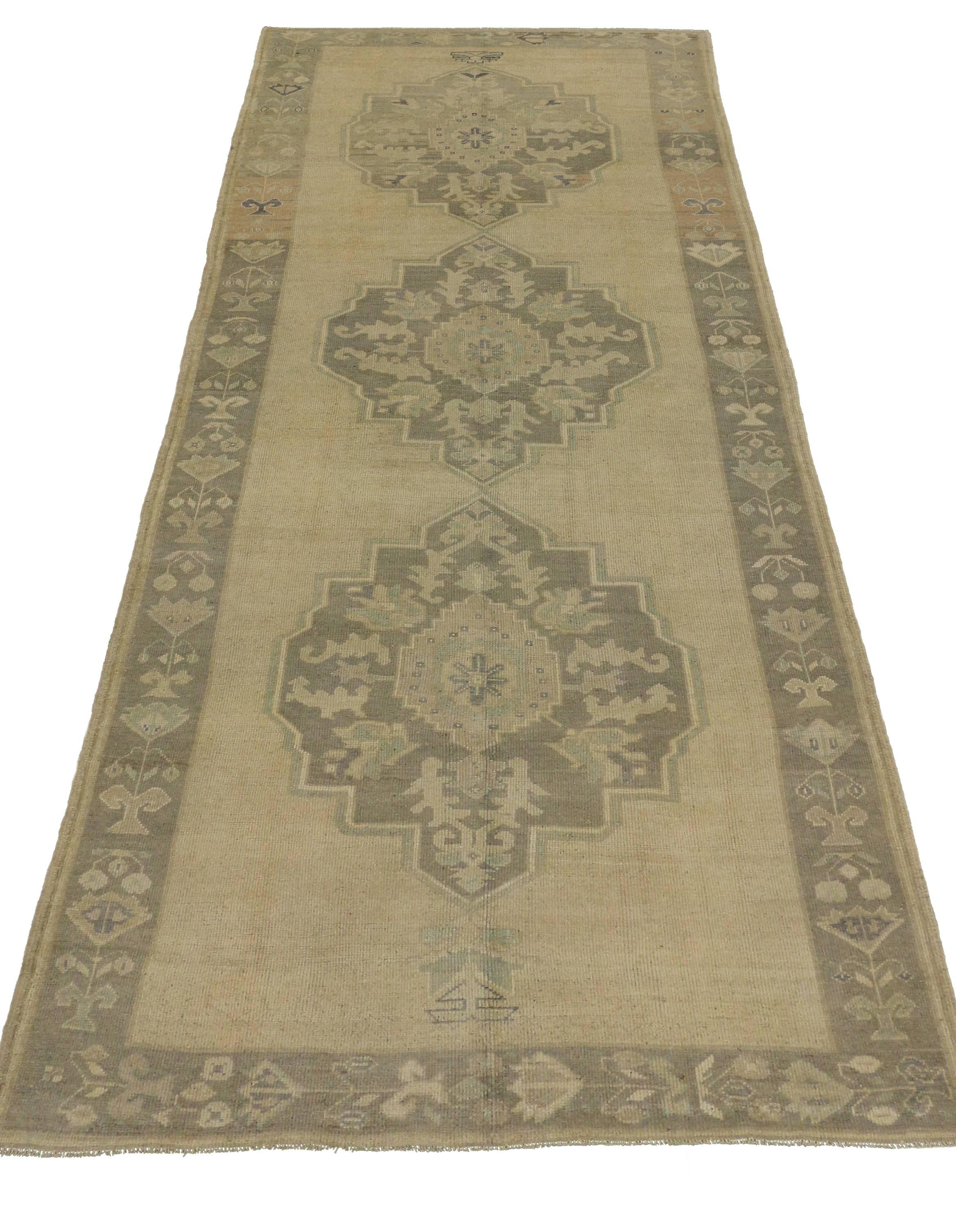 Hand-Knotted Vintage Turkish Oushak Carpet Runner with Modern Style in Muted Colors For Sale