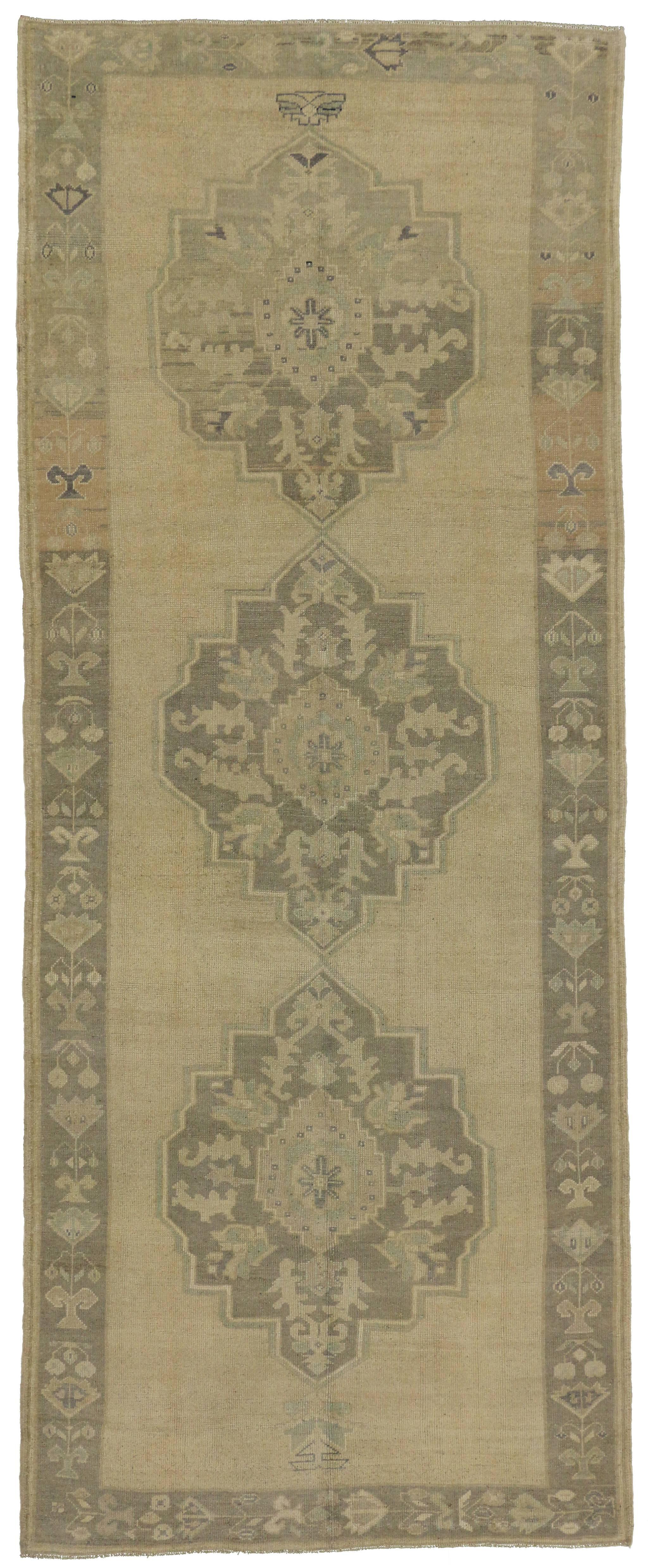 Wool Vintage Turkish Oushak Carpet Runner with Modern Style in Muted Colors For Sale