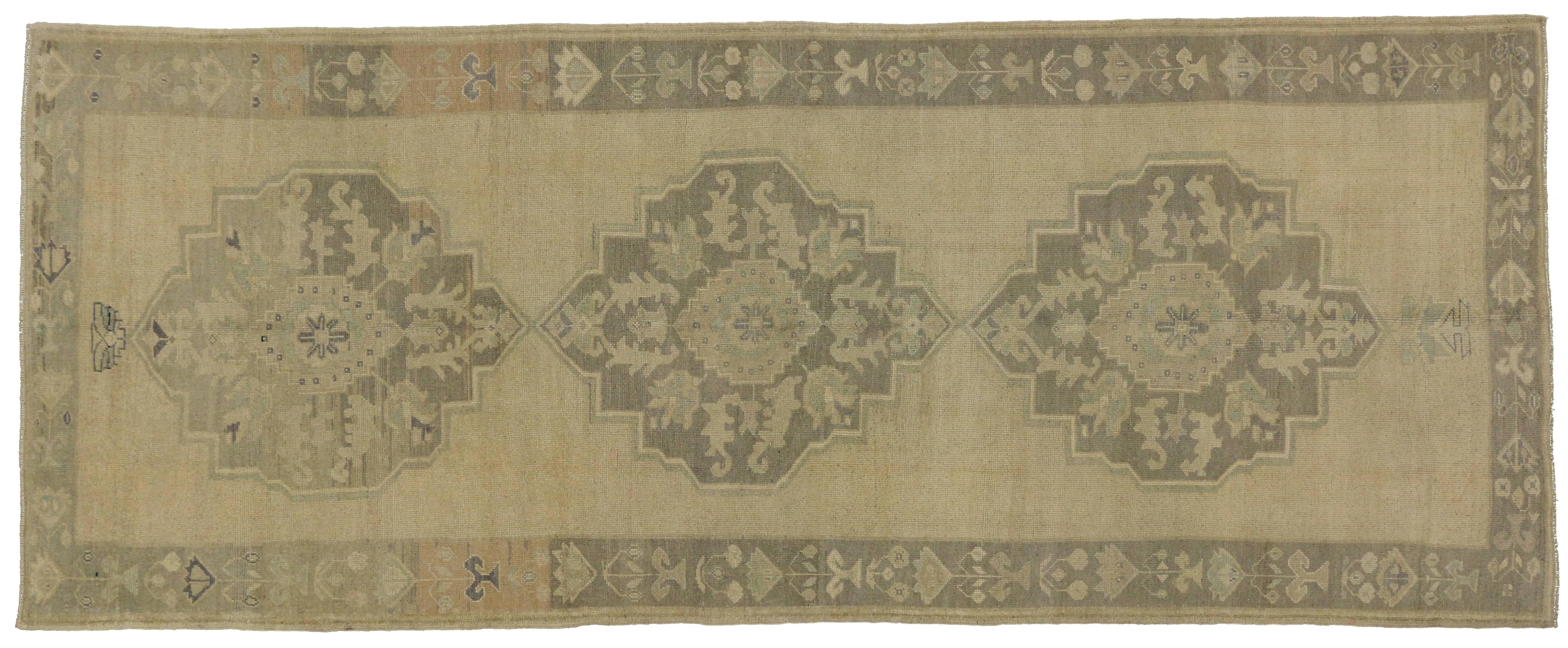 20th Century Vintage Turkish Oushak Carpet Runner with Modern Style in Muted Colors For Sale