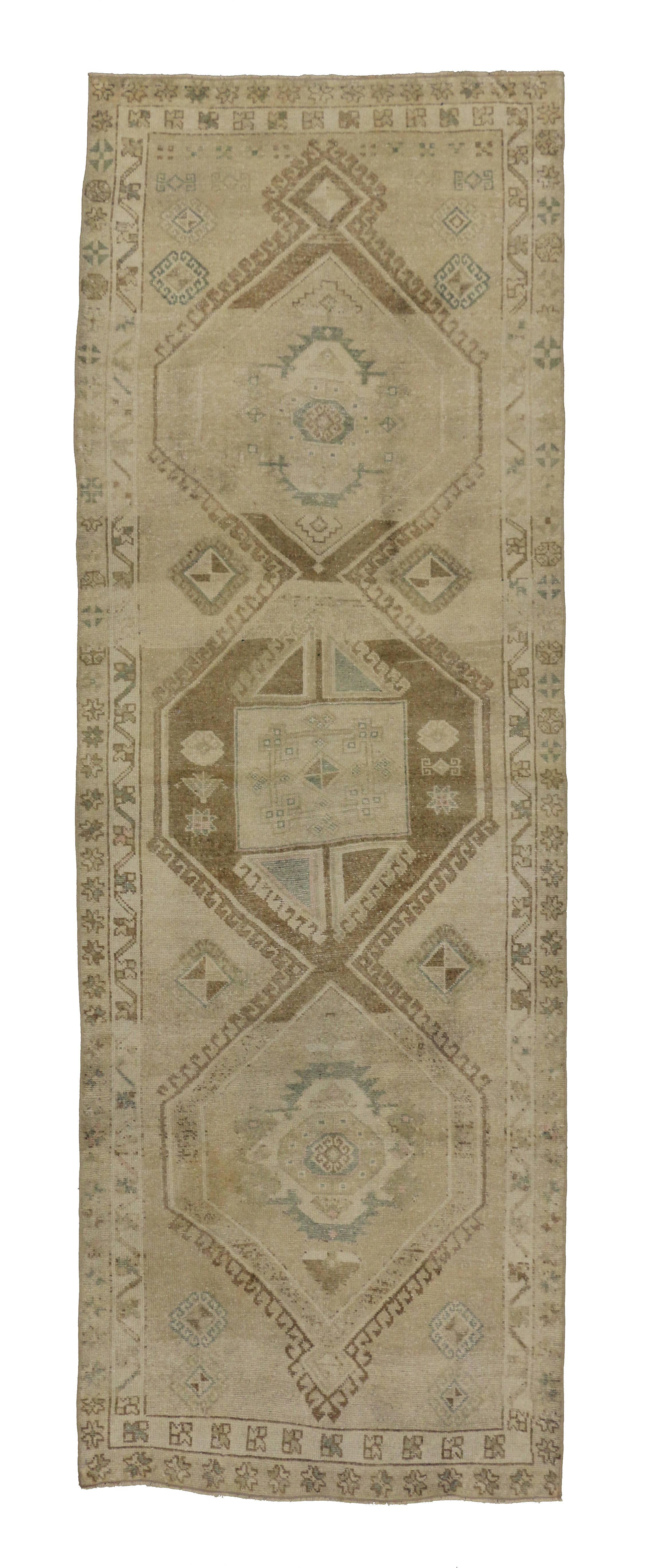 Wool Vintage Turkish Oushak Carpet Runner with Modern Style and Muted Colors