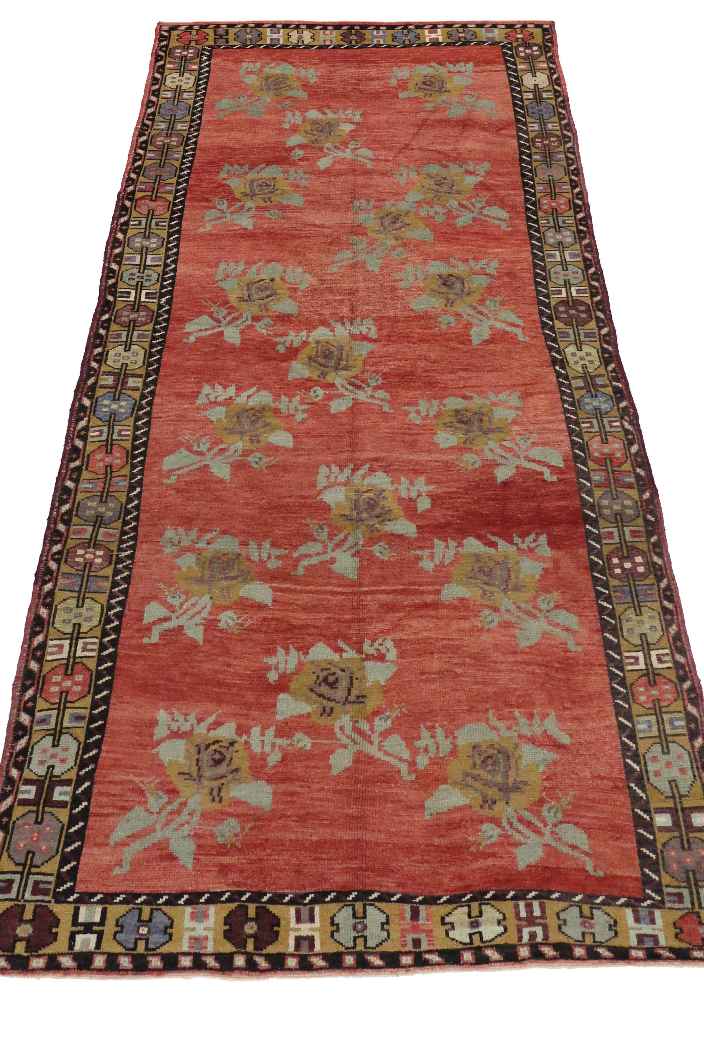 Hand-Knotted Vintage Turkish Oushak Hallway Runner with English Country Cottage Style For Sale