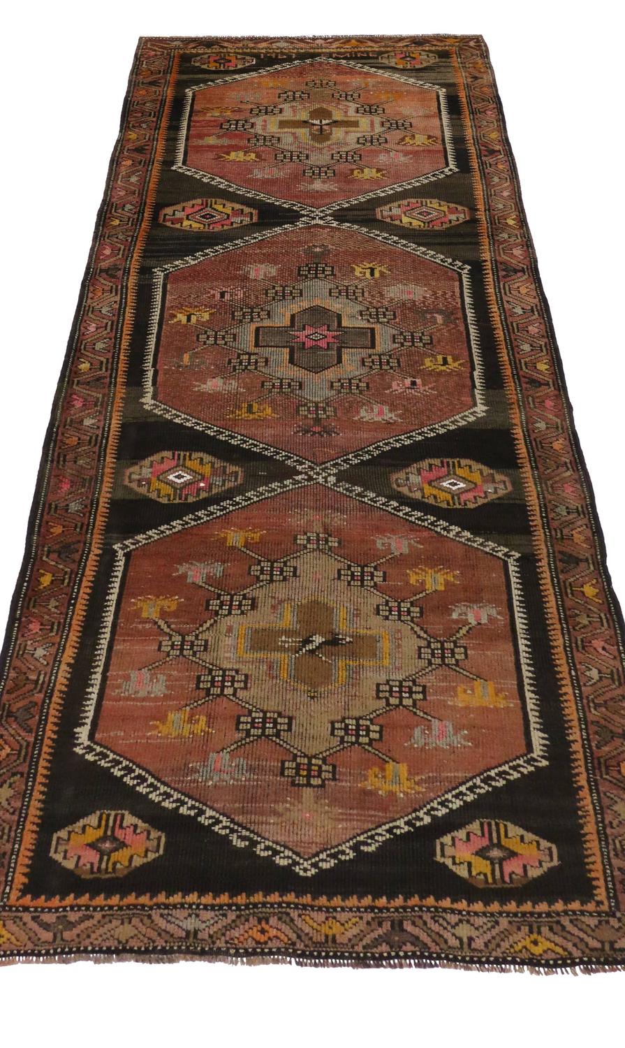 Vintage Turkish Oushak Carpet Runner with MidCentury Modern Style For