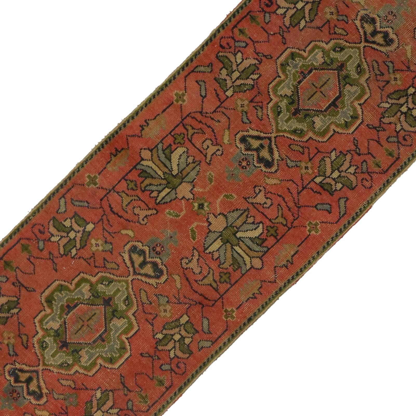 Hand-Knotted Vintage Turkish Oushak Runner with Arts & Crafts Style, Narrow Hallway Runner