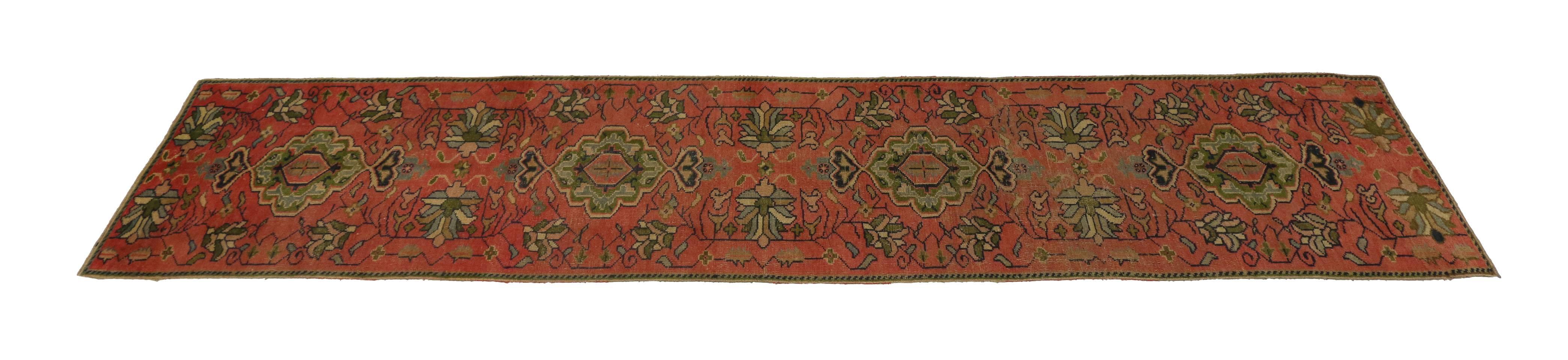 Vintage Turkish Oushak Runner with Arts & Crafts Style, Narrow Hallway Runner In Good Condition In Dallas, TX